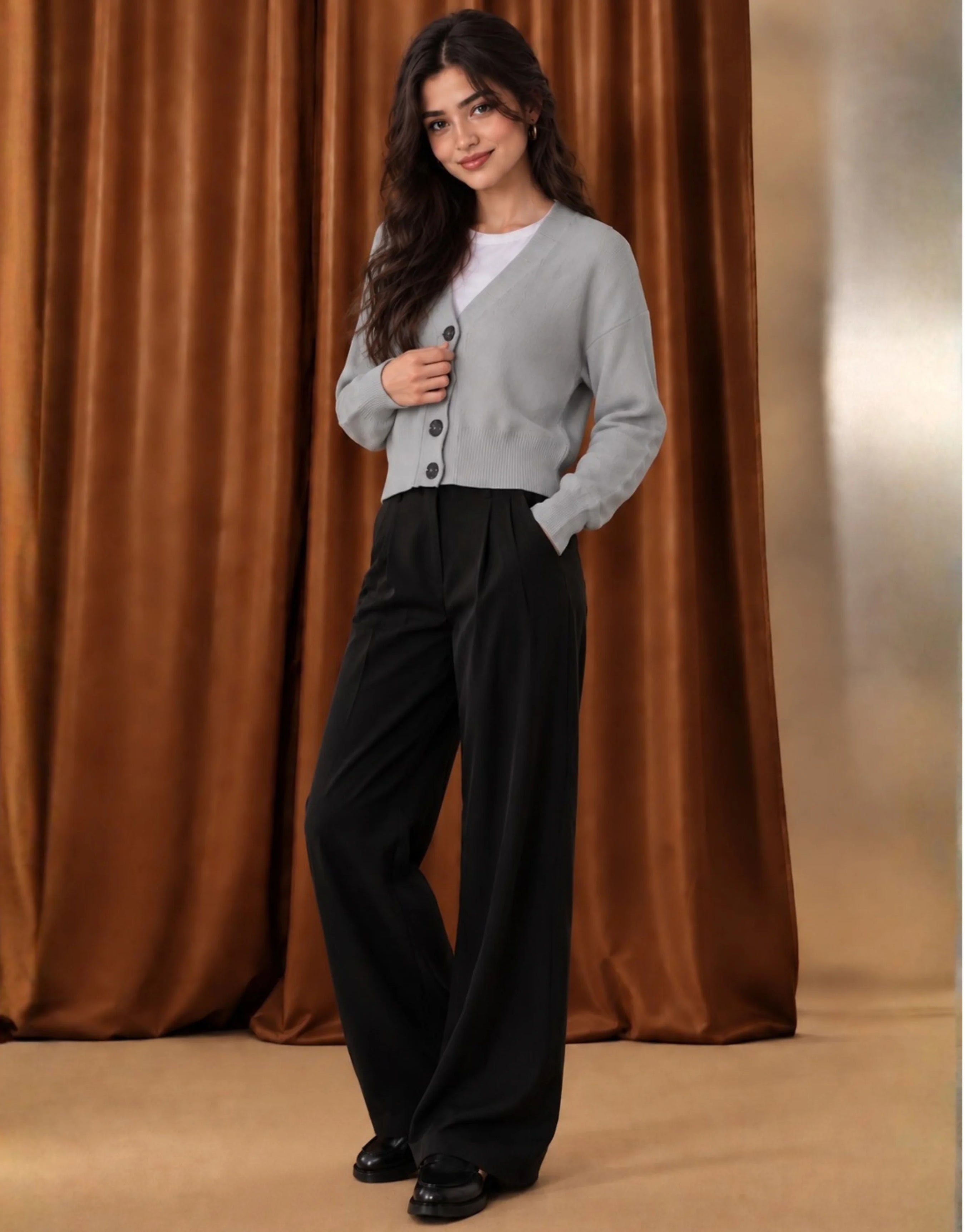 SGW Gray Women’s Cropped V-Neck Cardigan with Complimentary White Tee