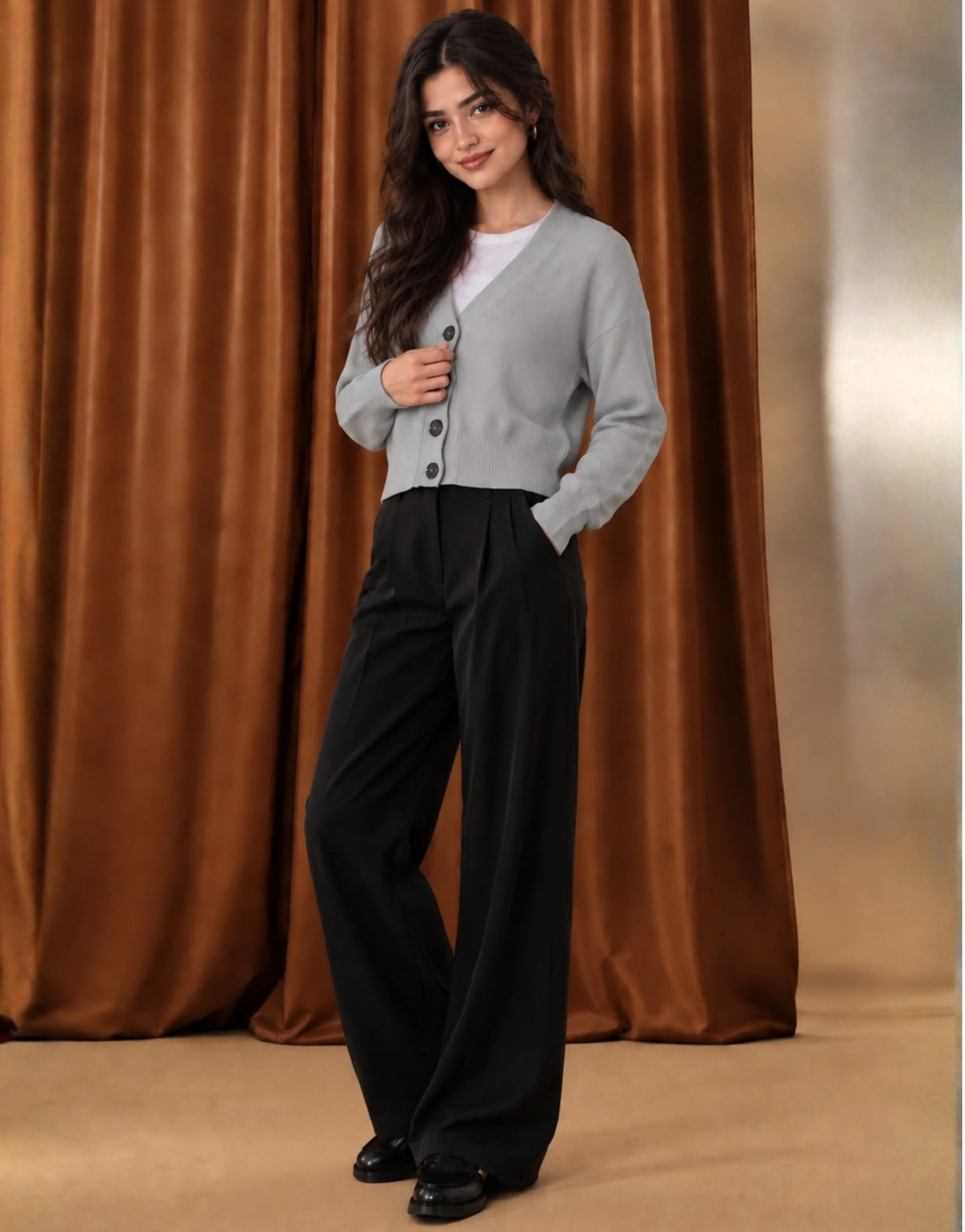 SGW Gray Women’s Cropped V-Neck Cardigan with Complimentary White Tee