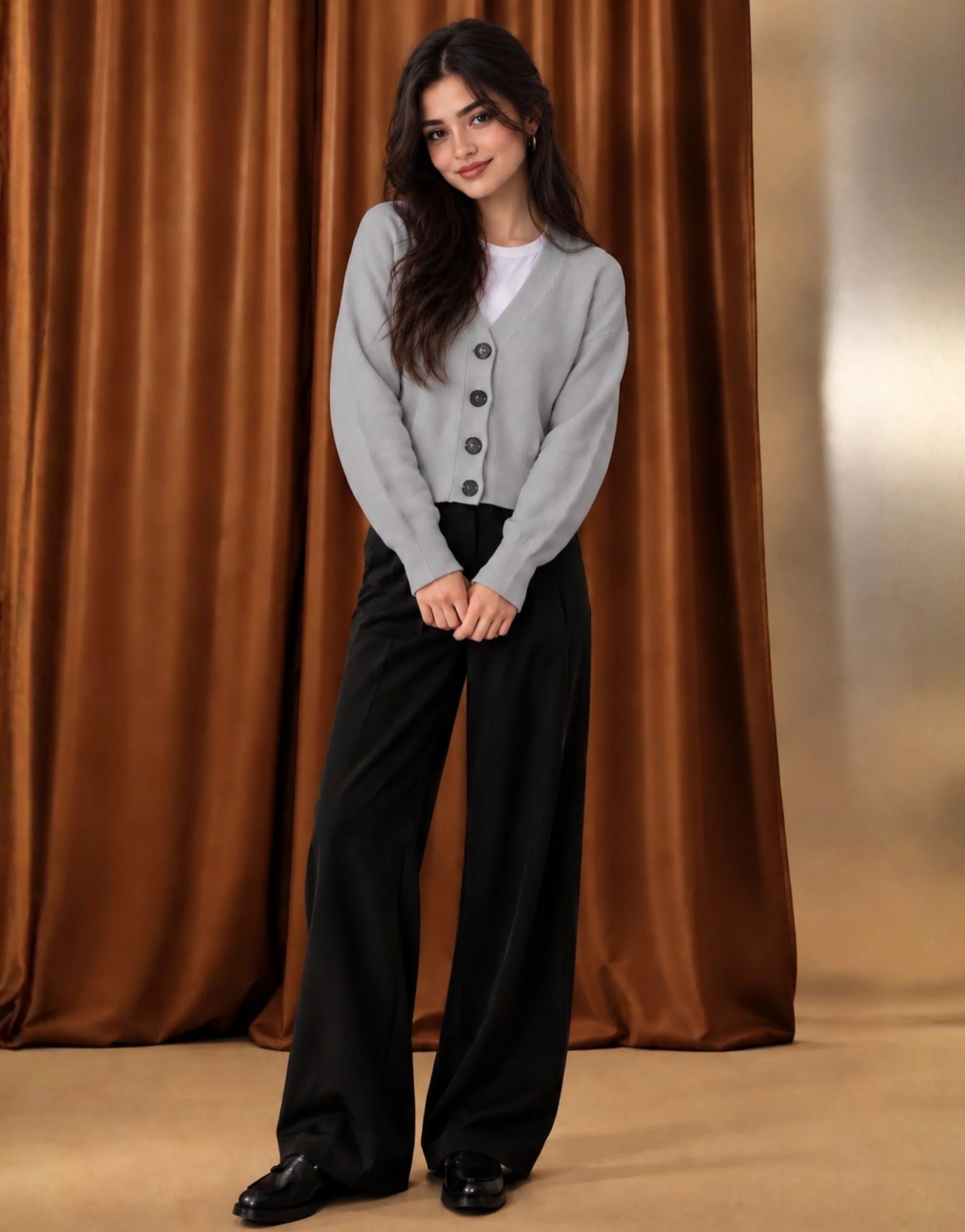 SGW Gray Women’s Cropped V-Neck Cardigan with Complimentary White Tee