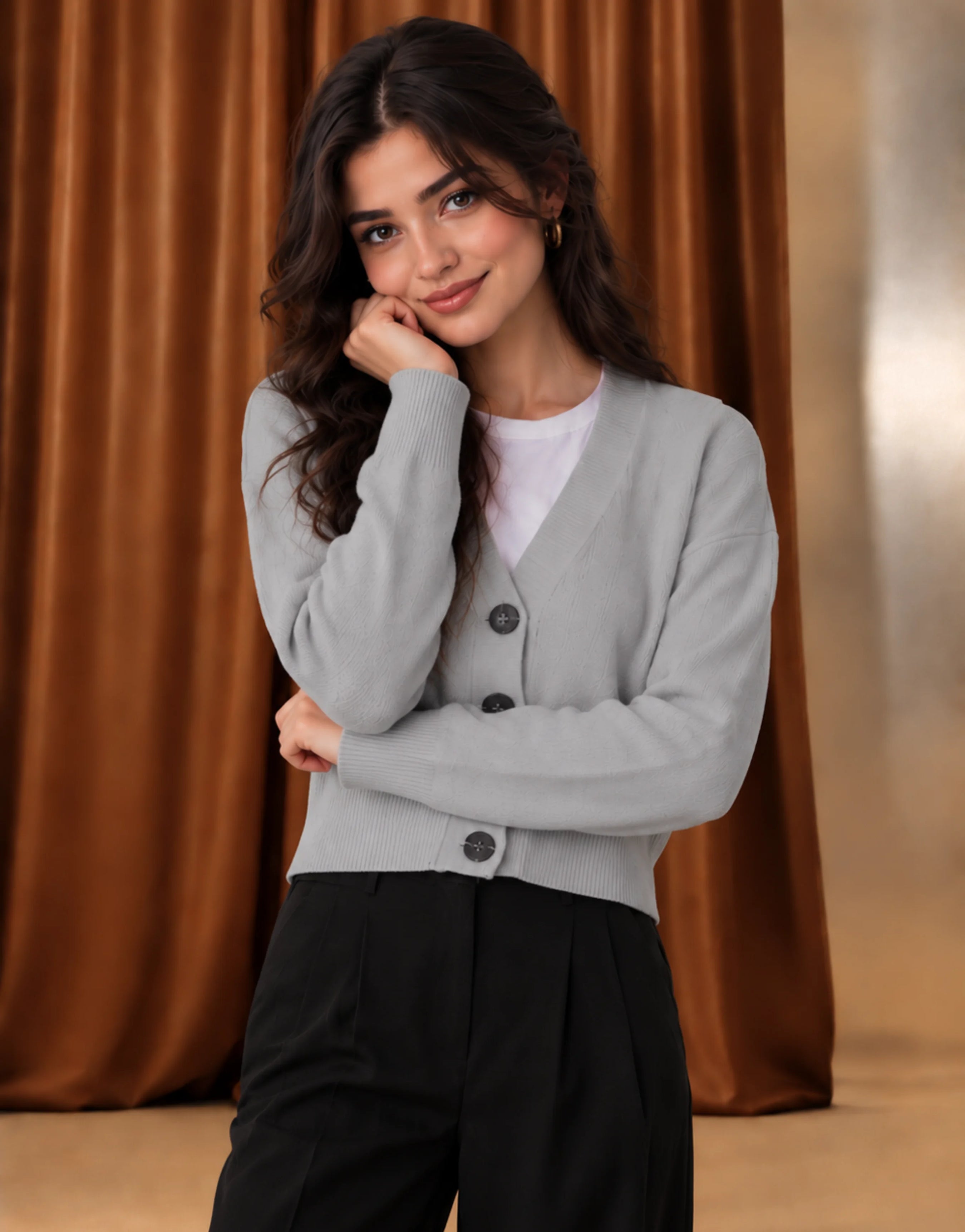 SGW Gray Women’s Cropped V-Neck Cardigan with Complimentary White Tee