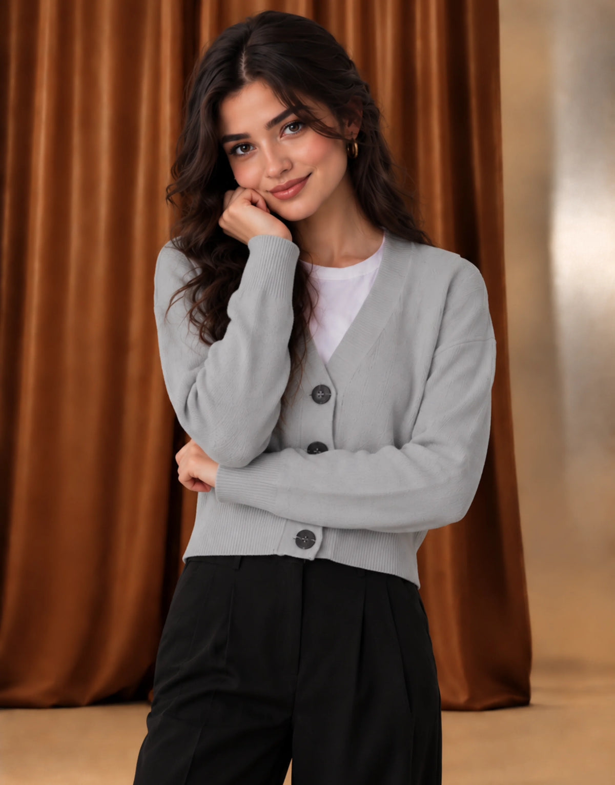 SGW Gray Women’s Cropped V-Neck Cardigan with Complimentary White Tee