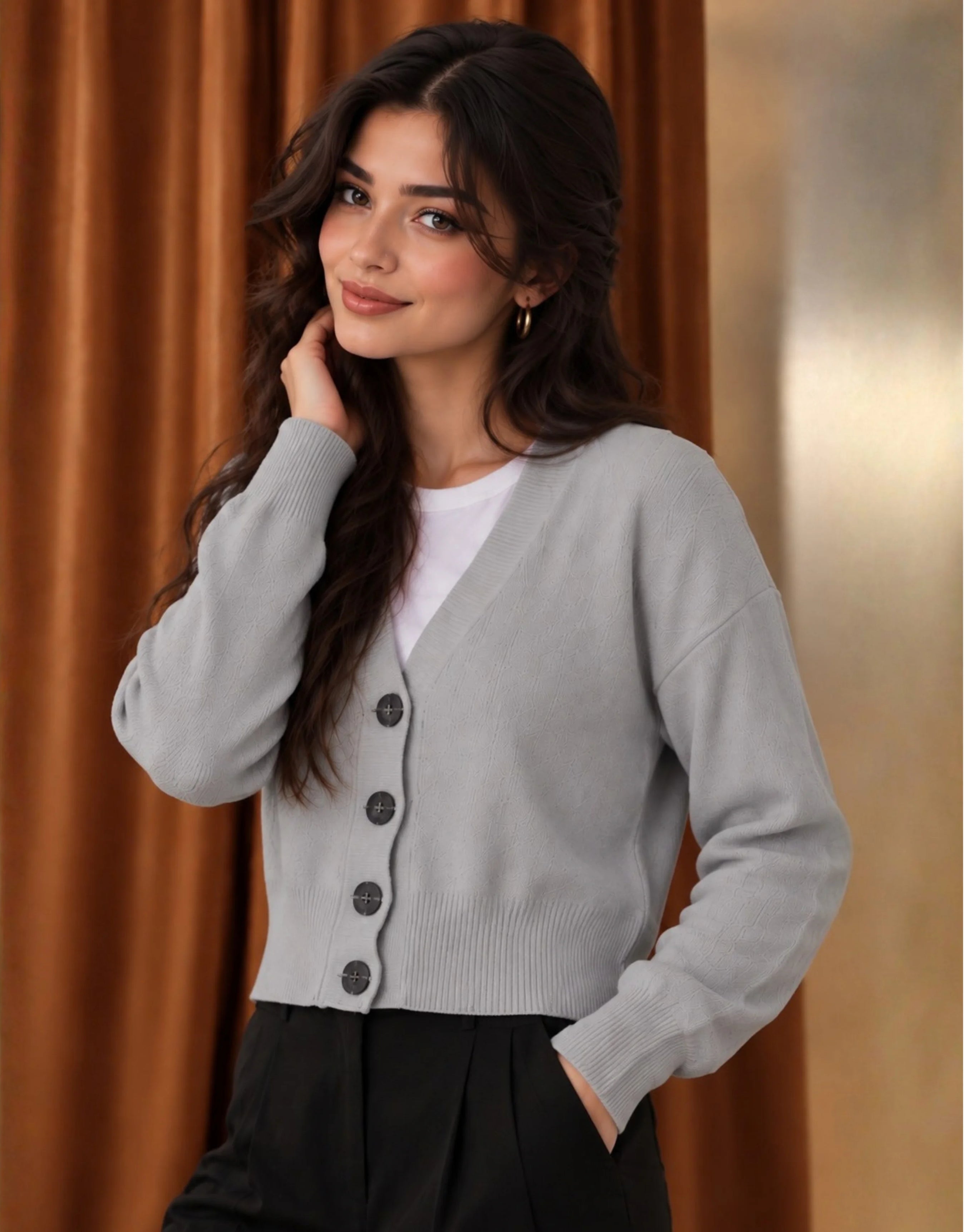 SGW Gray Women’s Cropped V-Neck Cardigan with Complimentary White Tee