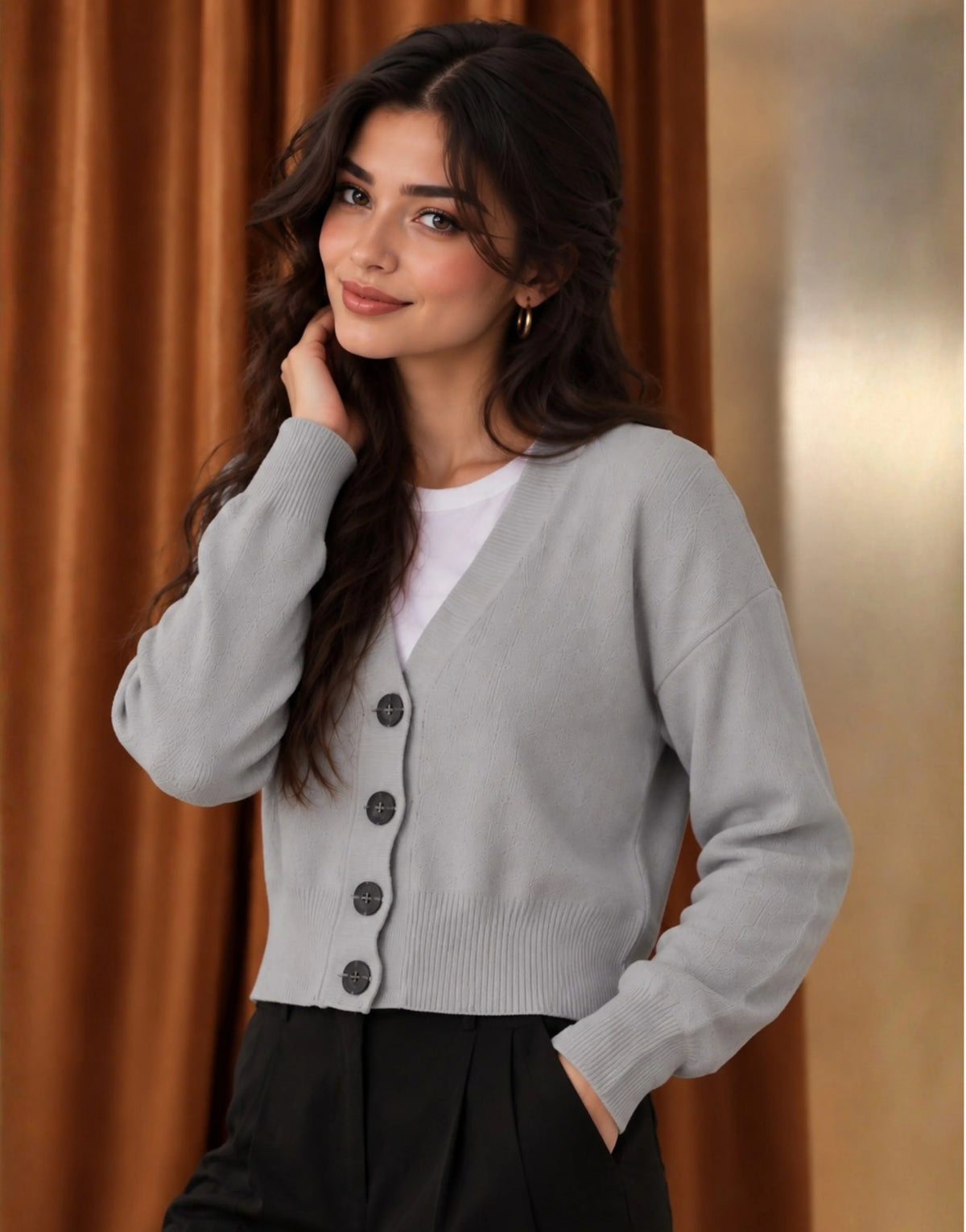 SGW Gray Women’s Cropped V-Neck Cardigan with Complimentary White Tee