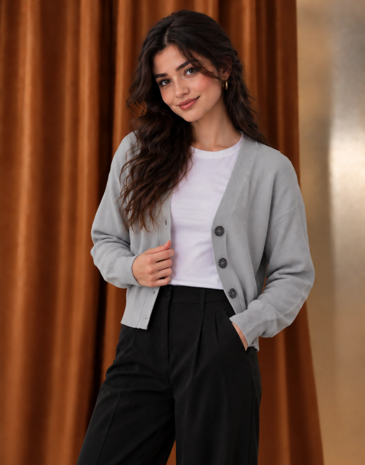 SGW Gray Women’s Cropped V-Neck Cardigan with Complimentary White Tee