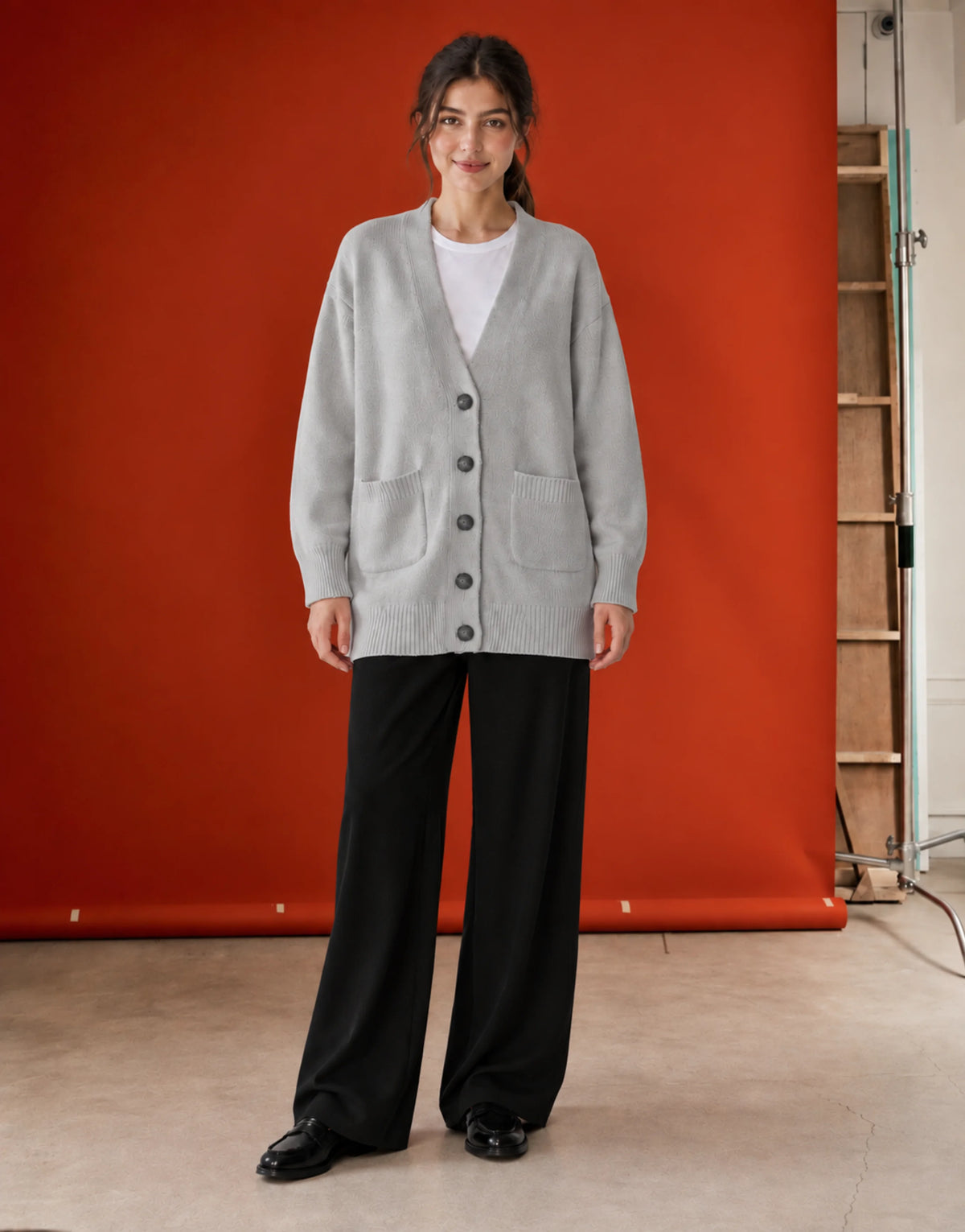 SGW Gray Women’s Long V-Neck Cardigan with Complimentary White Tee