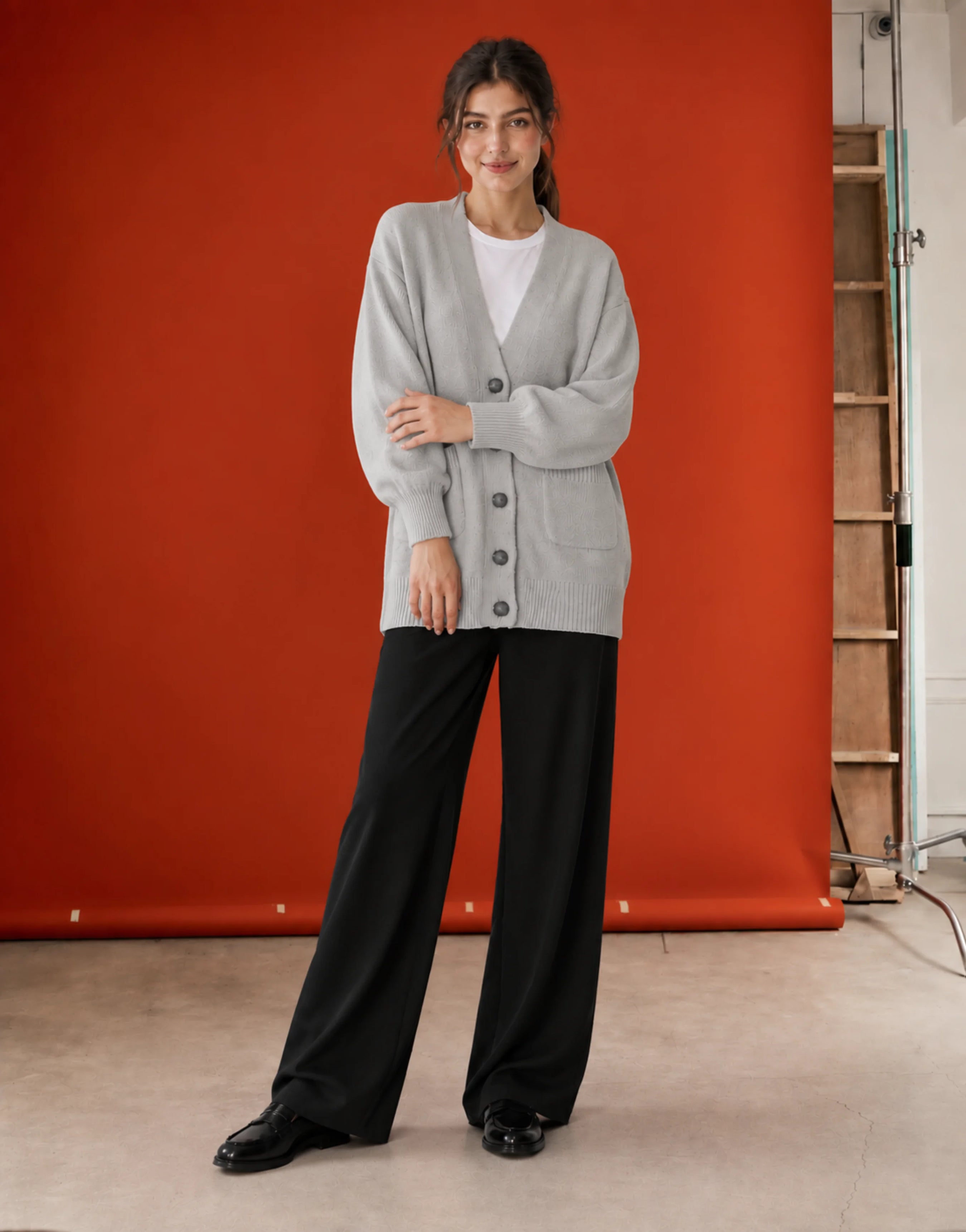 SGW Gray Women’s Long V-Neck Cardigan with Complimentary White Tee