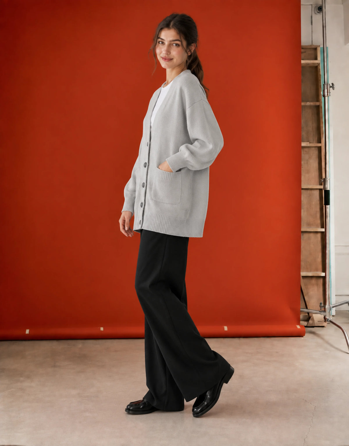 SGW Gray Women’s Long V-Neck Cardigan with Complimentary White Tee