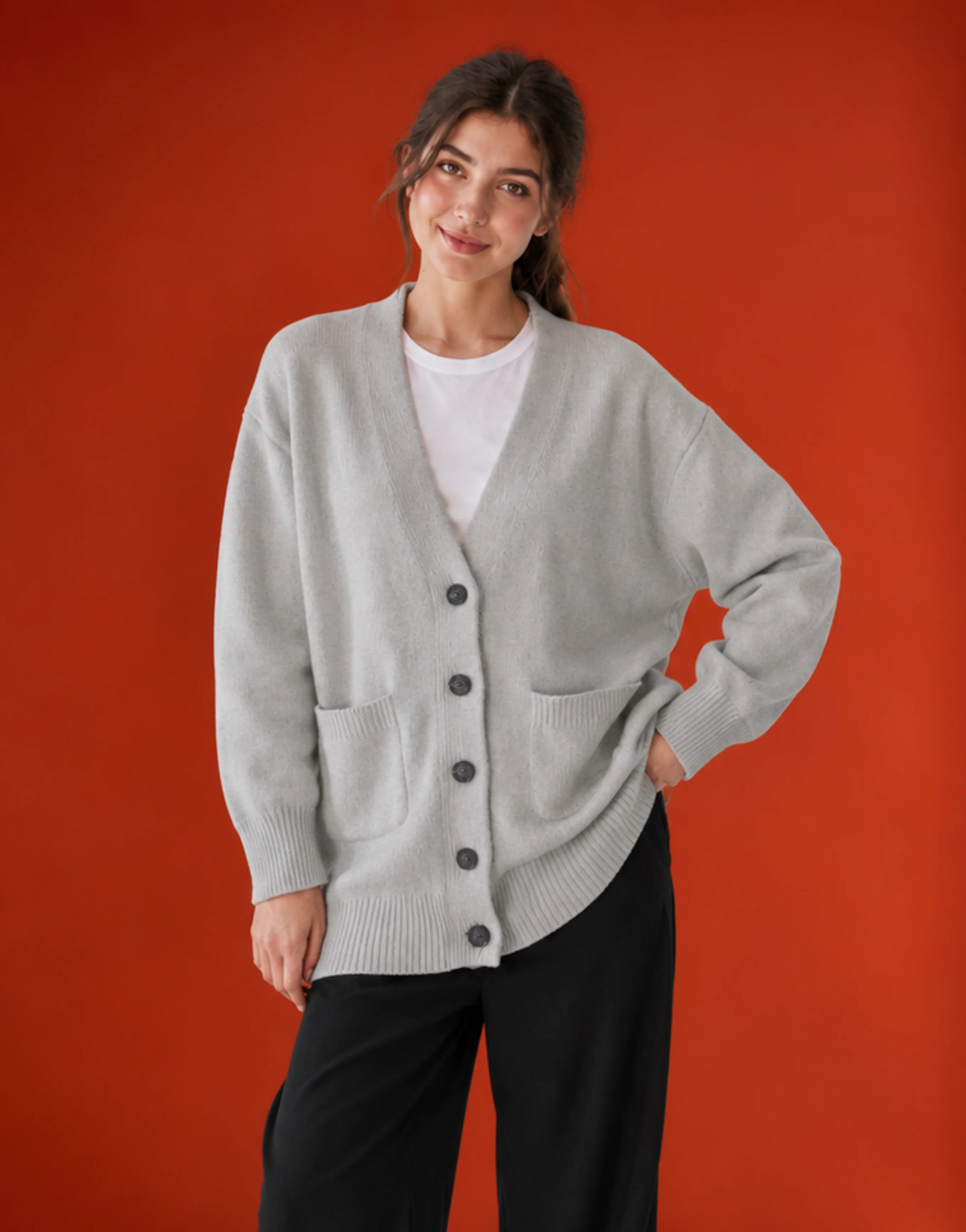 SGW Gray Women’s Long V-Neck Cardigan with Complimentary White Tee