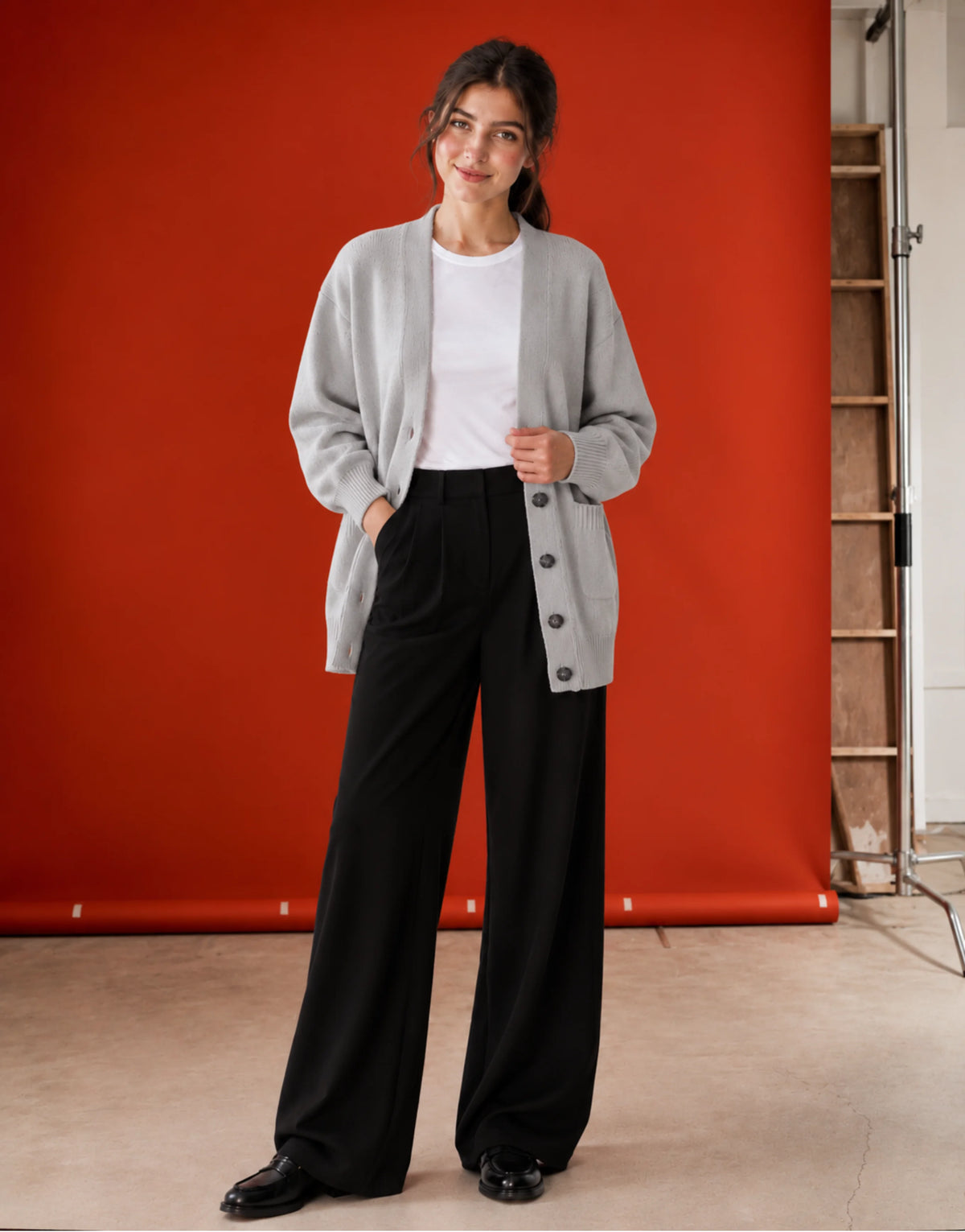 SGW Gray Women’s Long V-Neck Cardigan with Complimentary White Tee