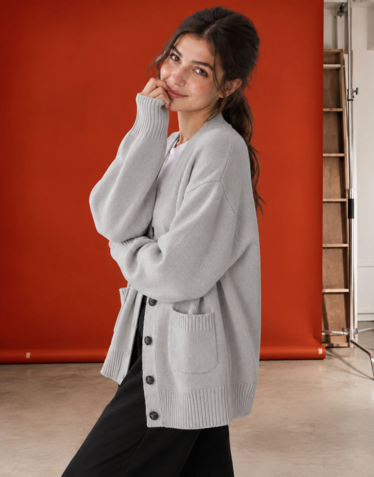 SGW Gray Women’s Long V-Neck Cardigan with Complimentary White Tee