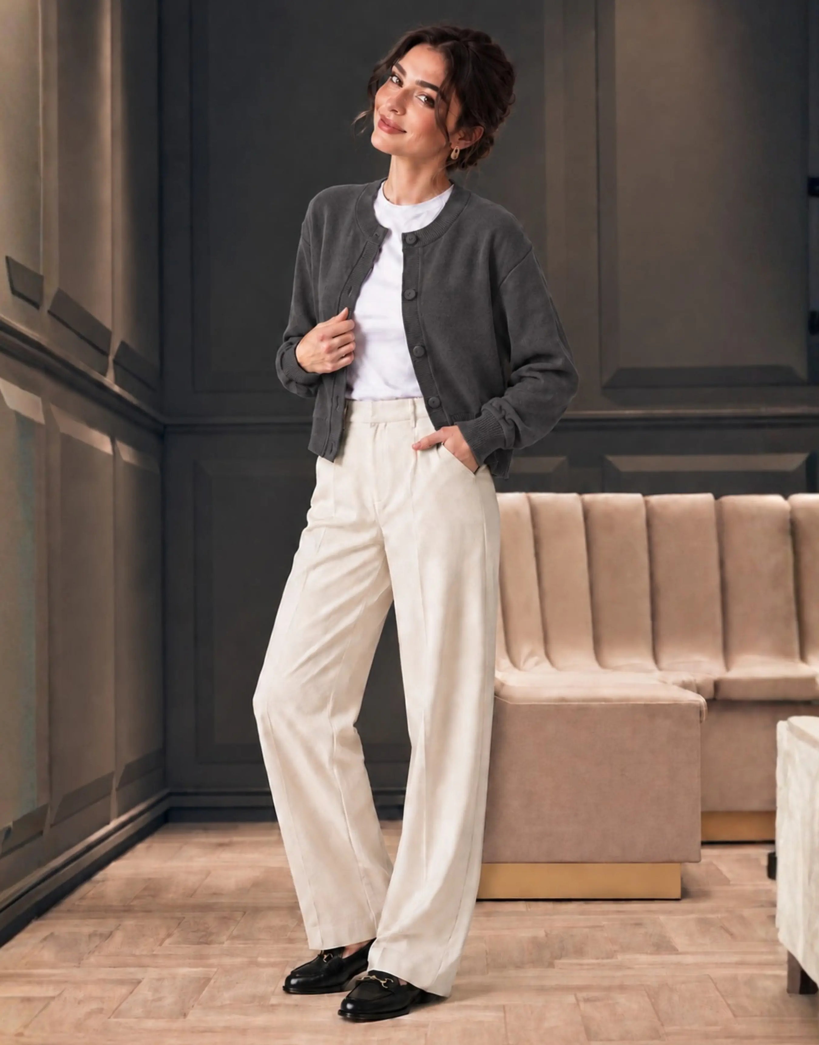 SGW Gray Women’s Crew-Neck Cardigan - SelectGraceWear