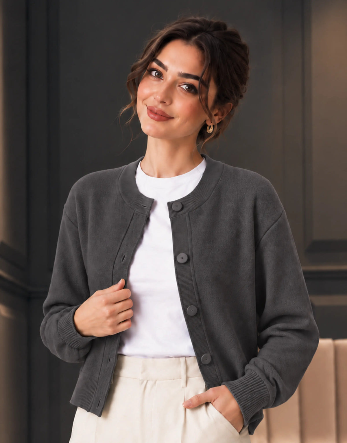 SGW Gray Women’s Crew-Neck Cardigan - SelectGraceWear