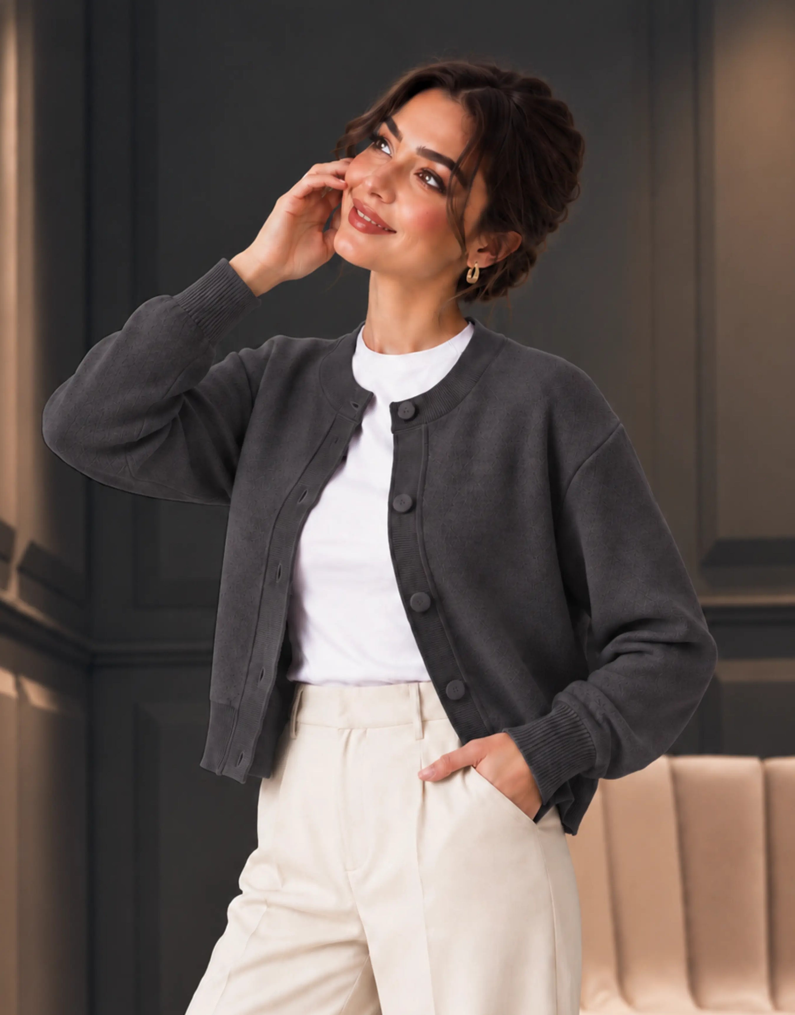 SGW Gray Women’s Crew-Neck Cardigan - SelectGraceWear
