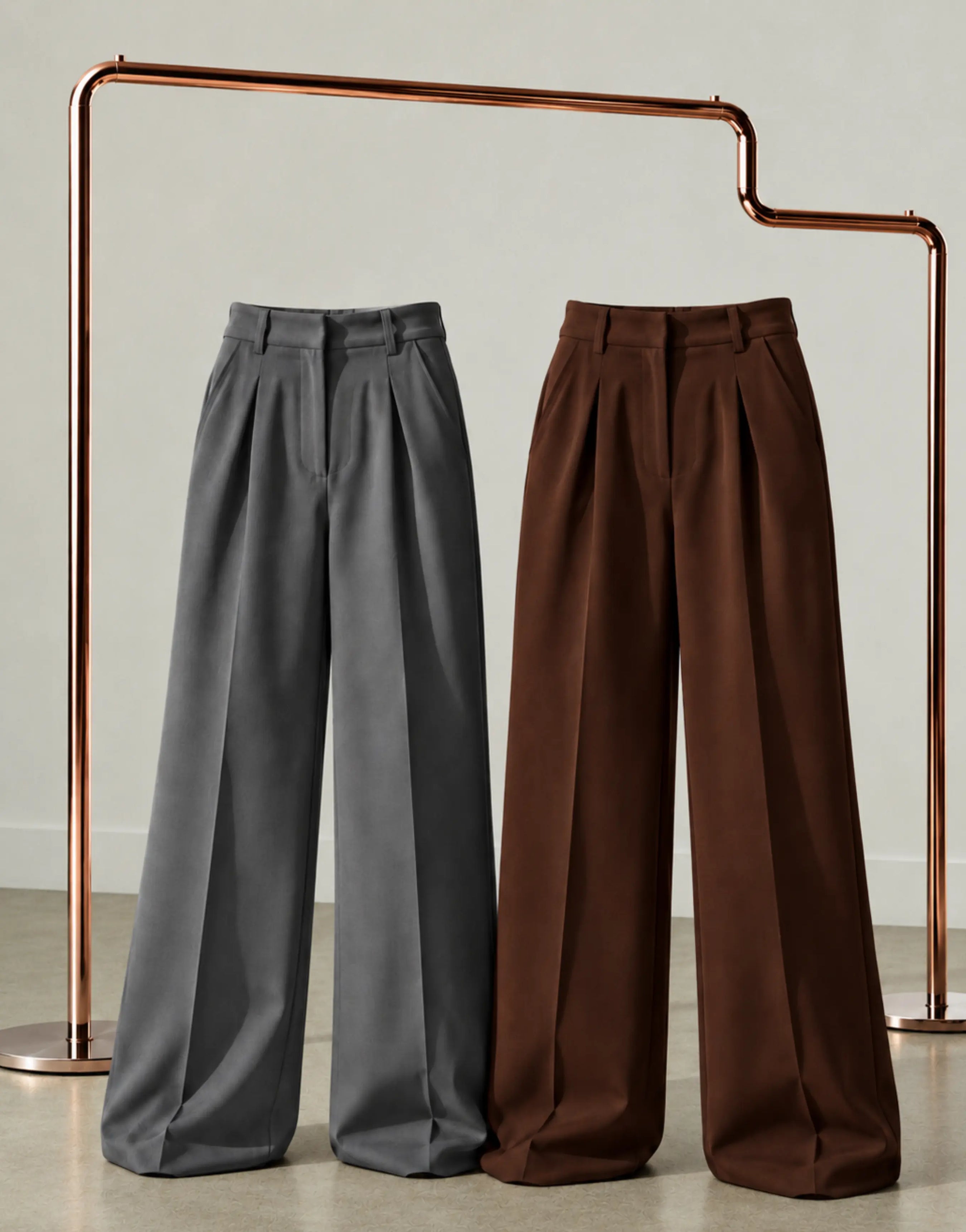 SGW Gray & Mocha Brown Tailored Wide-Leg Pants with Elastic Back Belt