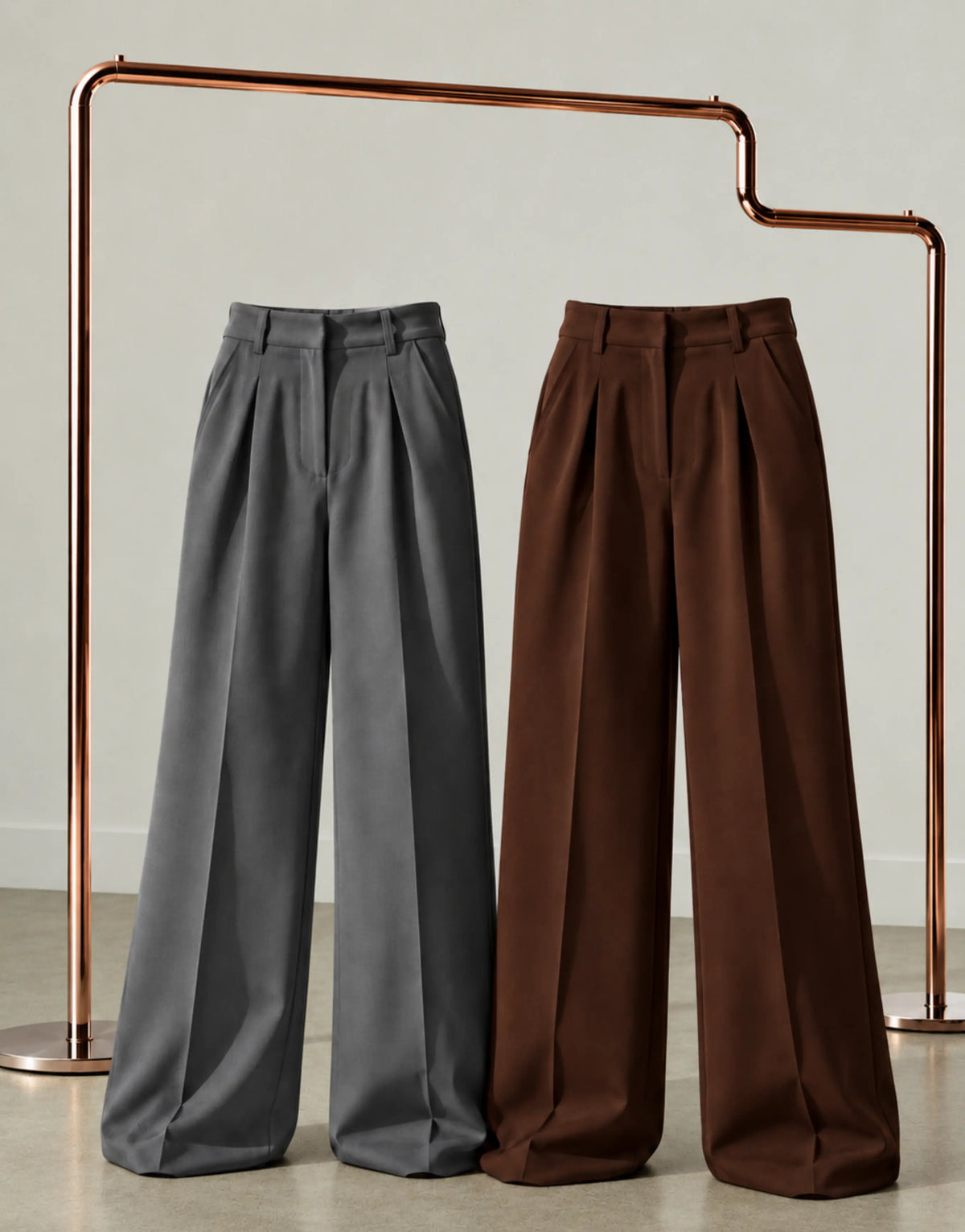 SGW Gray & Mocha Brown Tailored Wide-Leg Pants with Elastic Back Belt