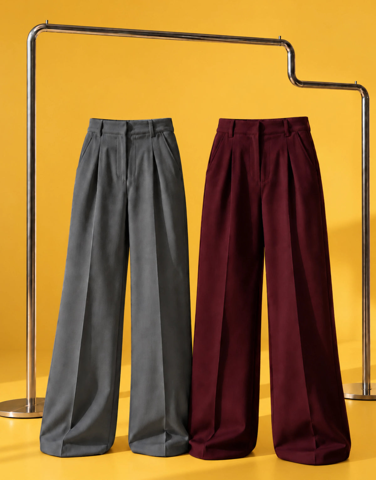 SGW Gray & Burgundy Tailored Wide-Leg Pants with Elastic Back Belt
