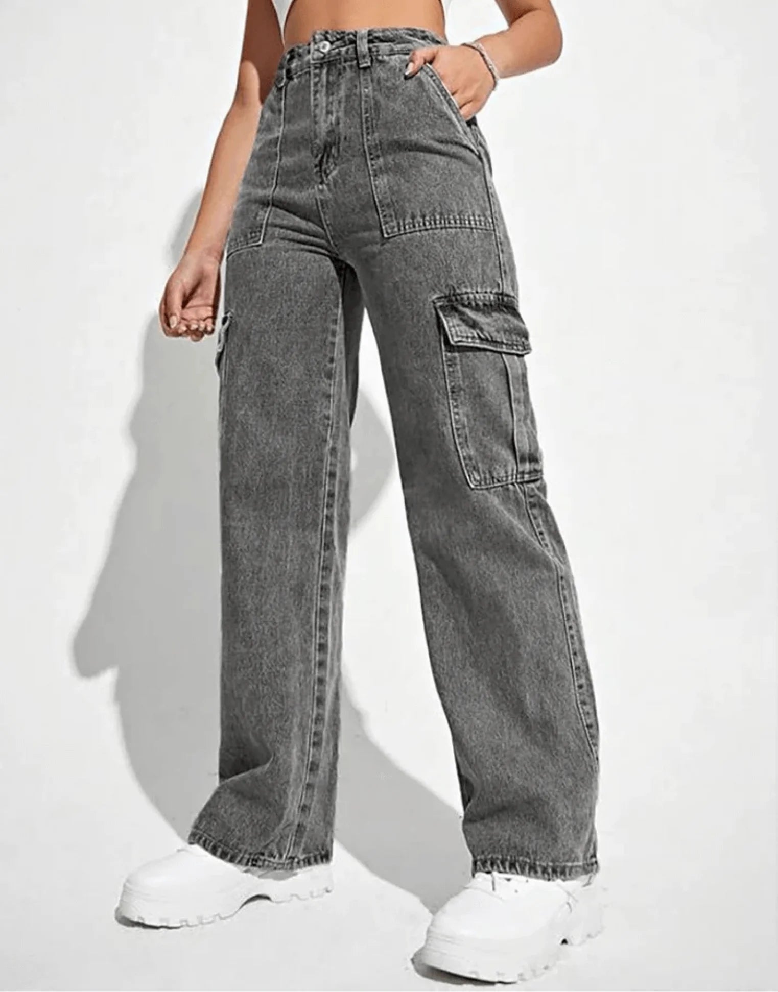 SGW - Grey Cargo High-Waisted Wide-Leg Jeans