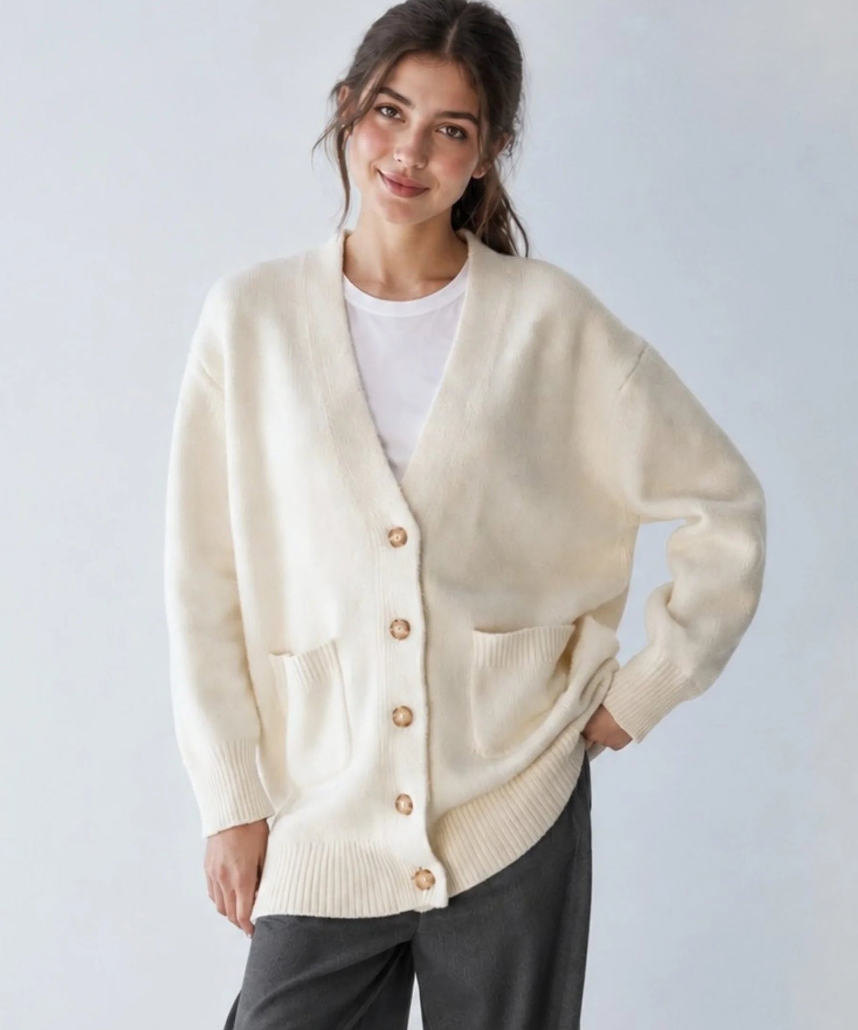 SGW Ivory Women’s Long V-Neck Cardigan with Complimentary White Tee