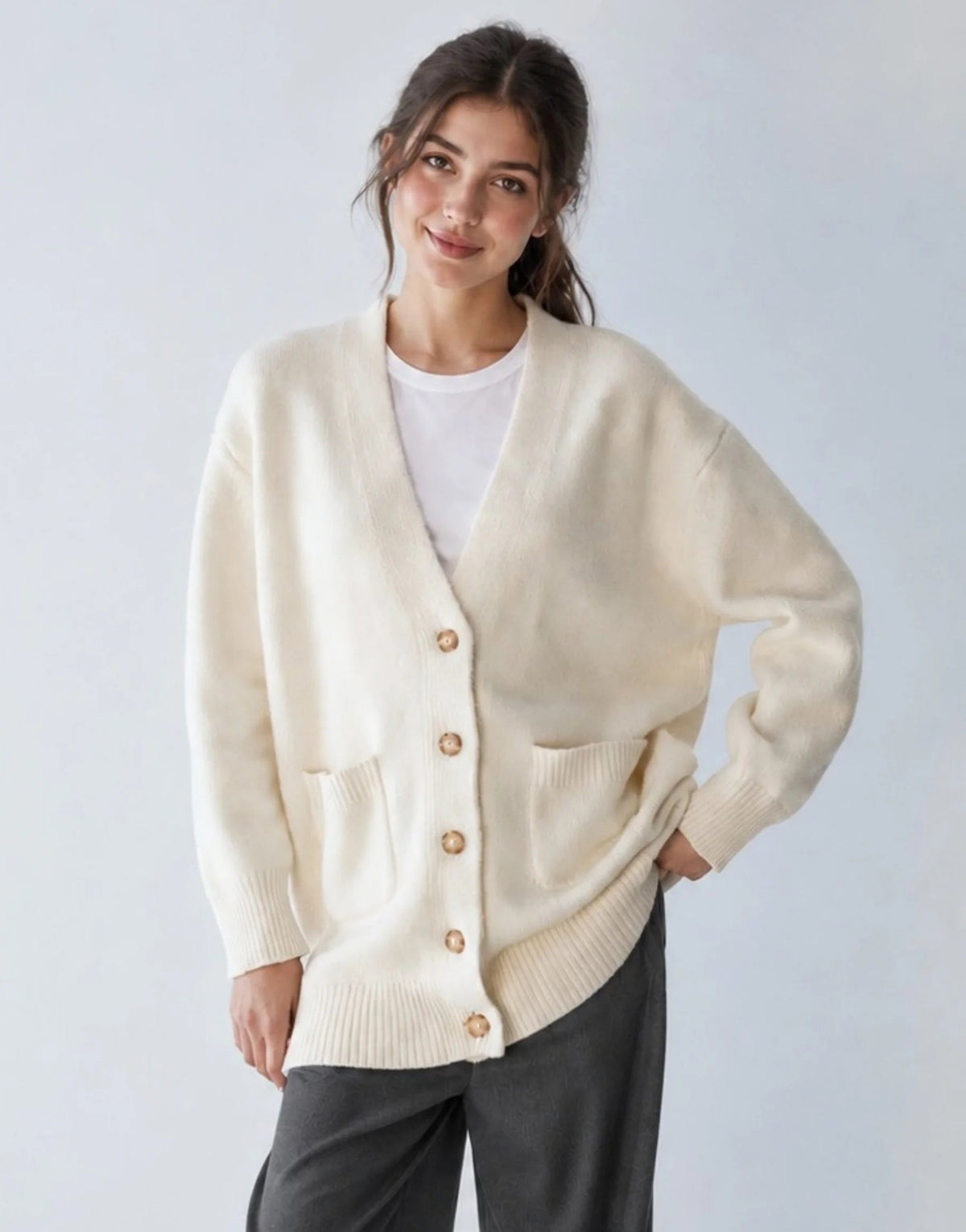 SGW Ivory Women’s Long V-Neck Cardigan with Complimentary White Tee