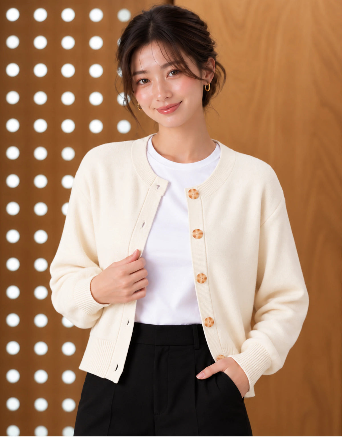 SGW Ivory Women’s Crew-Neck Cardigan with Complimentary White Tee