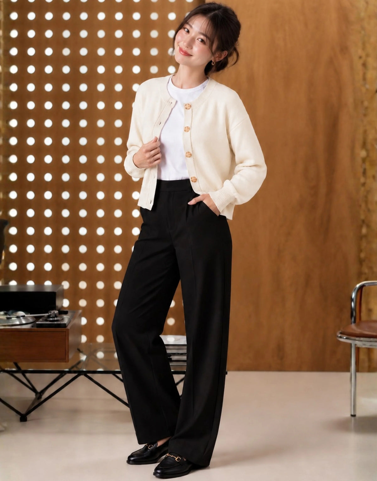 SGW Ivory Women’s Crew-Neck Cardigan with Complimentary White Tee