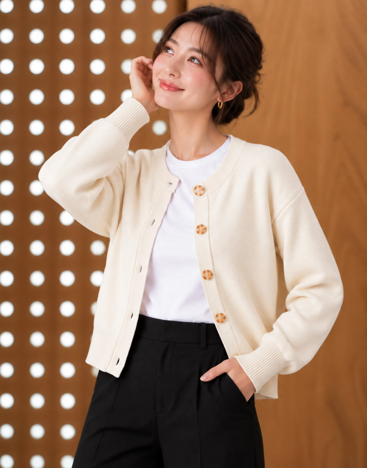 SGW Ivory Women’s Crew-Neck Cardigan with Complimentary White Tee