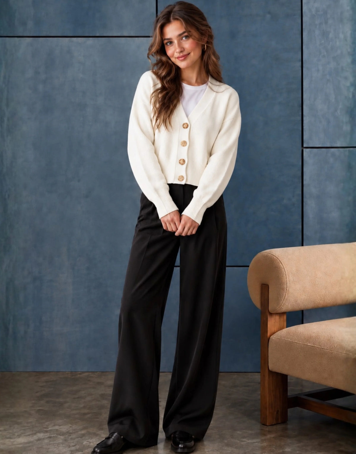 SGW Ivory Women’s Cropped V-Neck Cardigan with Complimentary White Tee