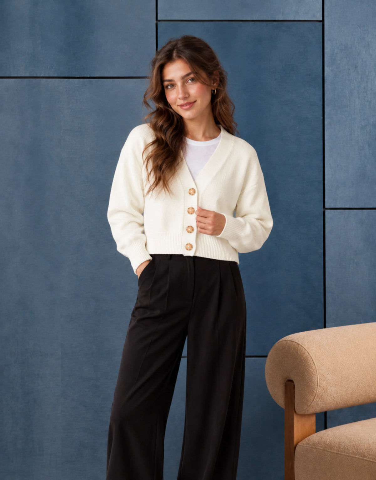 SGW Ivory Women’s Cropped V-Neck Cardigan with Complimentary White Tee
