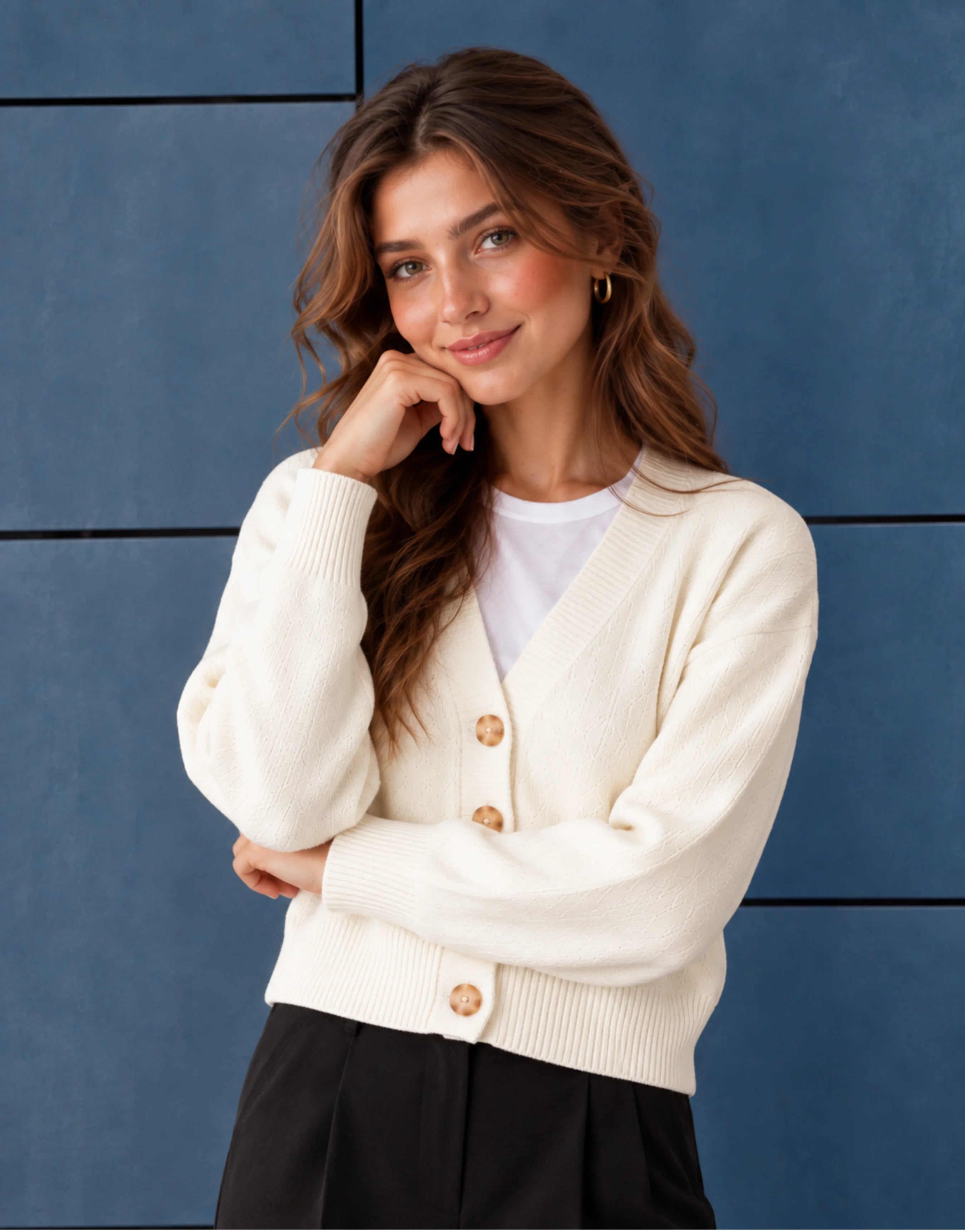 SGW Ivory Women’s Cropped V-Neck Cardigan with Complimentary White Tee