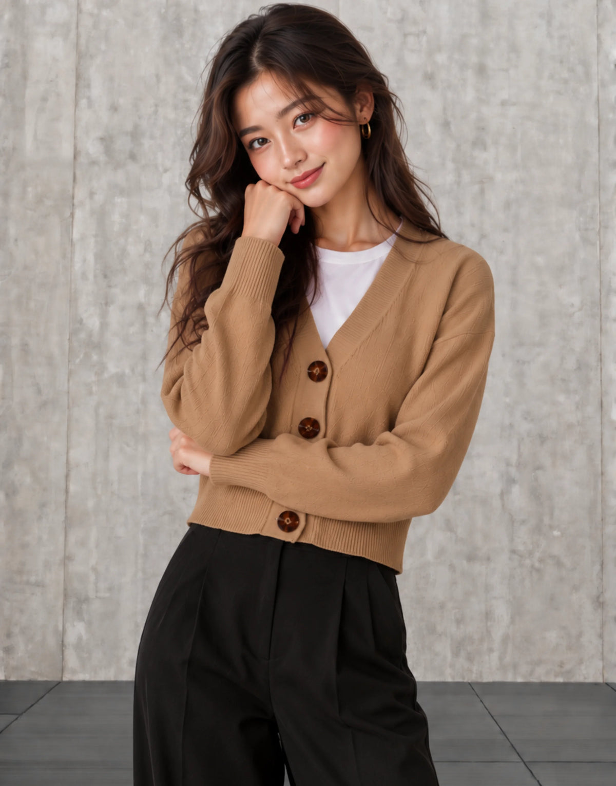 SGW Brown Women’s Cropped V-Neck Cardigan with Complimentary White Tee