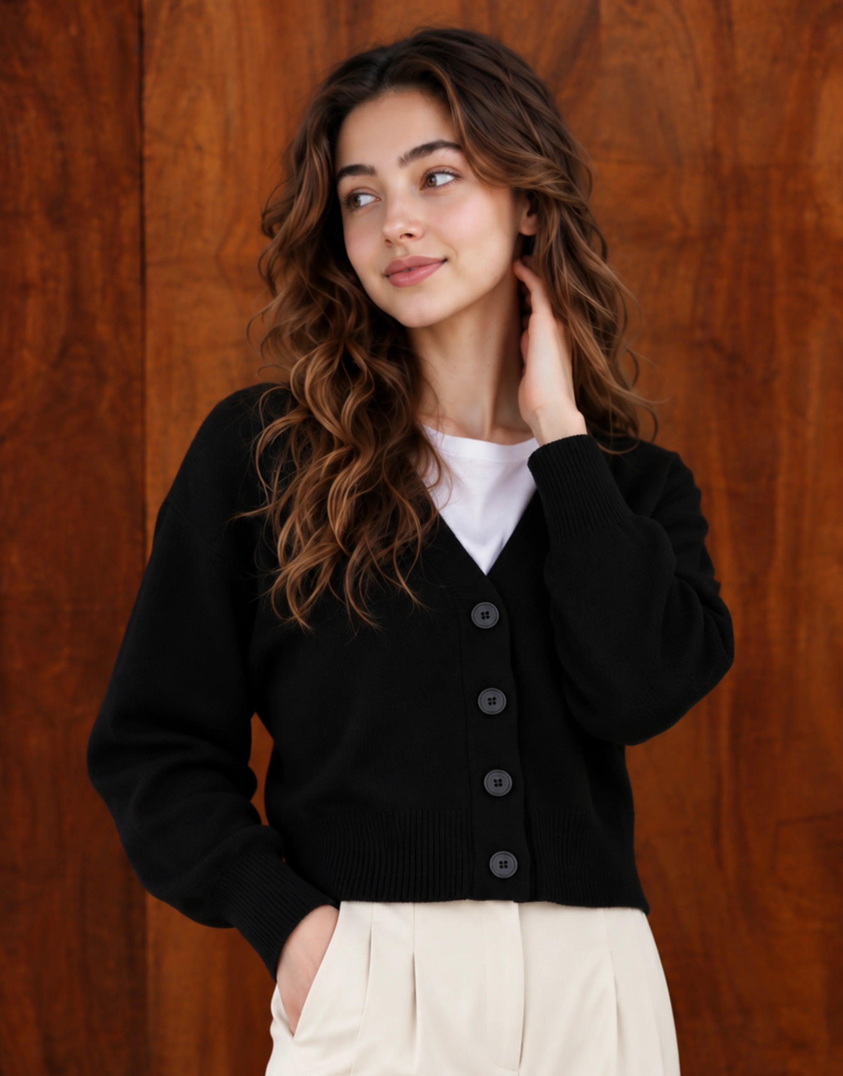 SGW Black Women’s Cropped V-Neck Cardigan with Complimentary White Tee