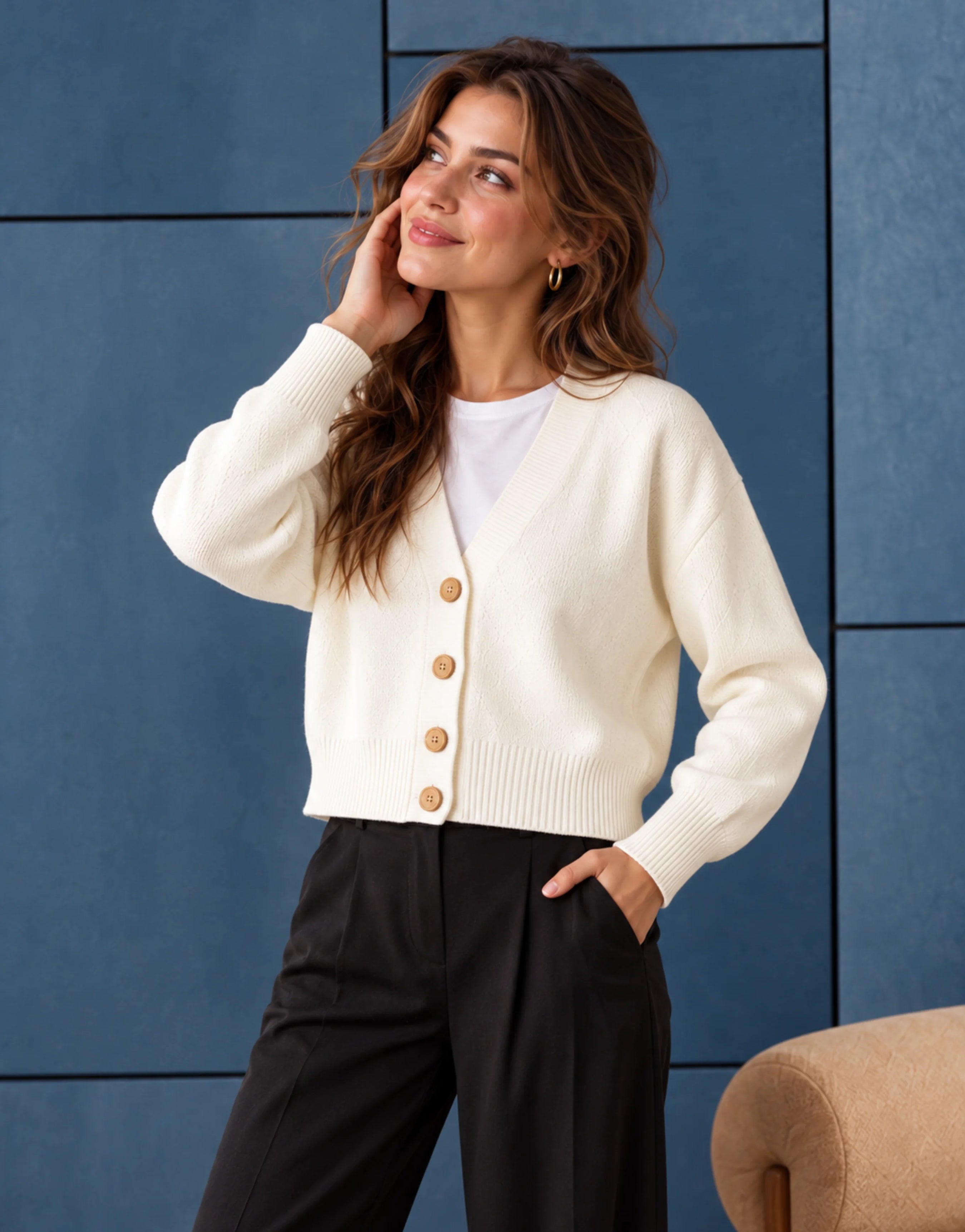 SGW Ivory Women’s Cropped V-Neck Cardigan with Complimentary White Tee