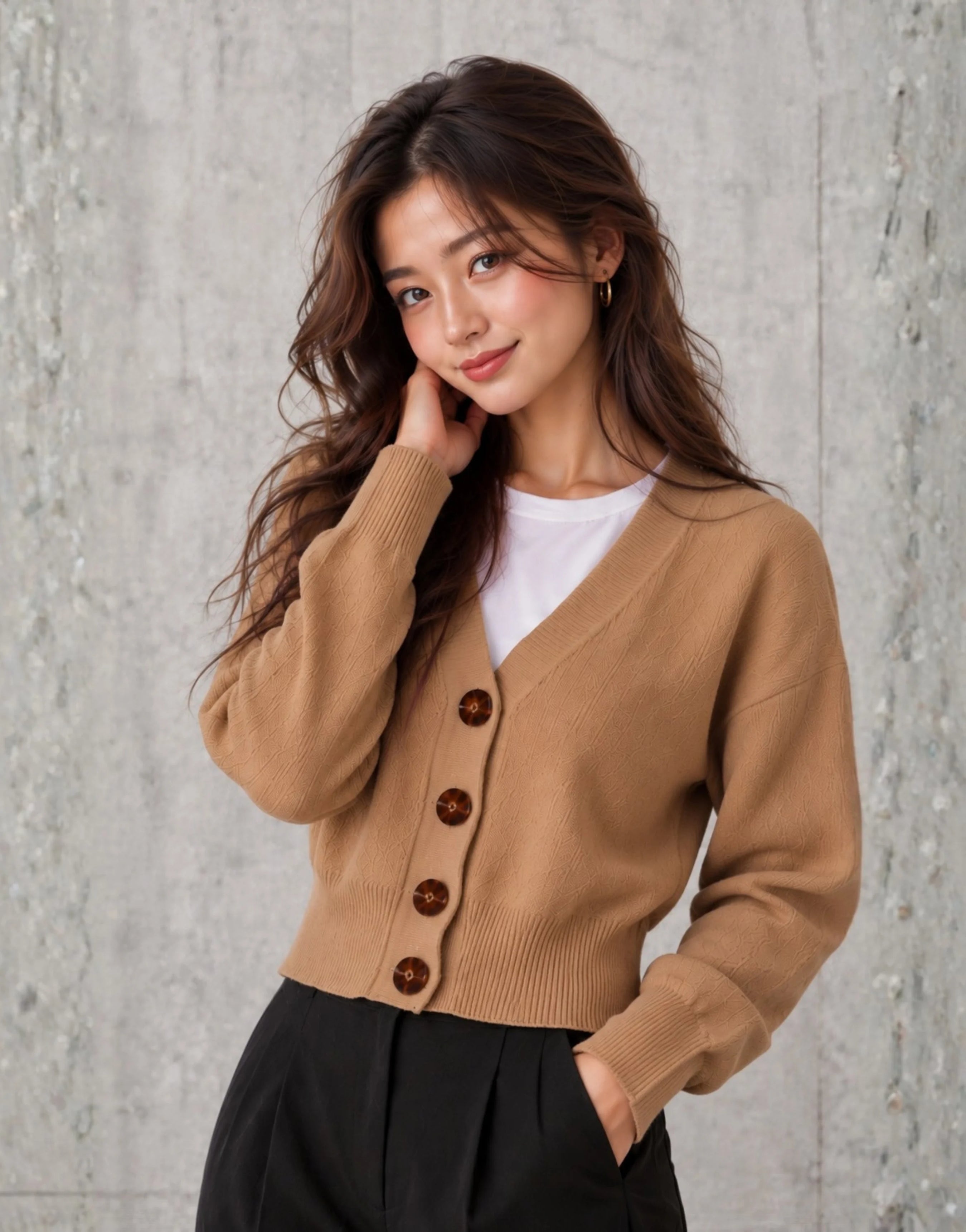 SGW Brown Women’s Cropped V-Neck Cardigan with Complimentary White Tee