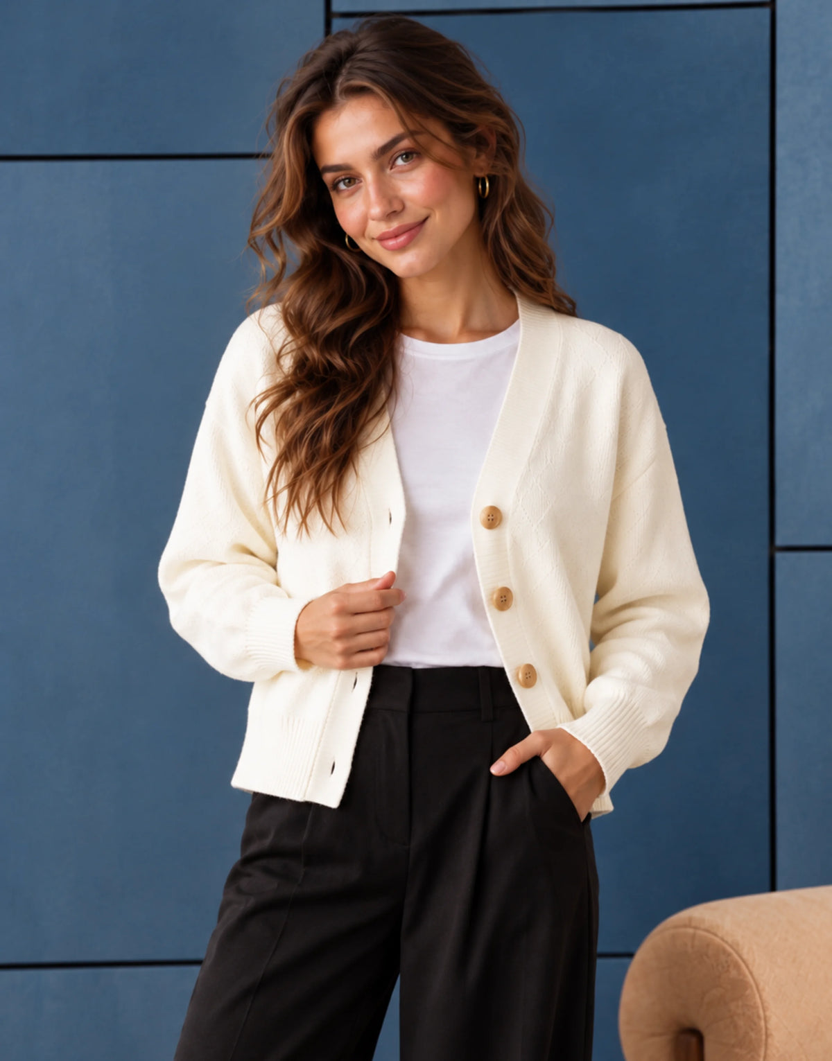 SGW Ivory Women’s Cropped V-Neck Cardigan with Complimentary White Tee