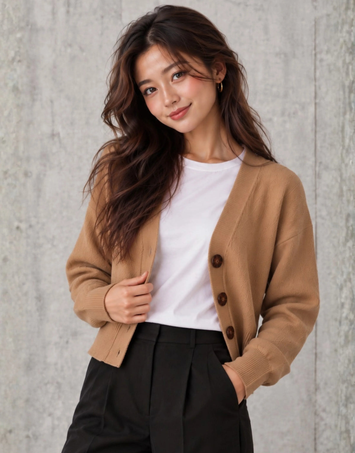 SGW Brown Women’s Cropped V-Neck Cardigan with Complimentary White Tee