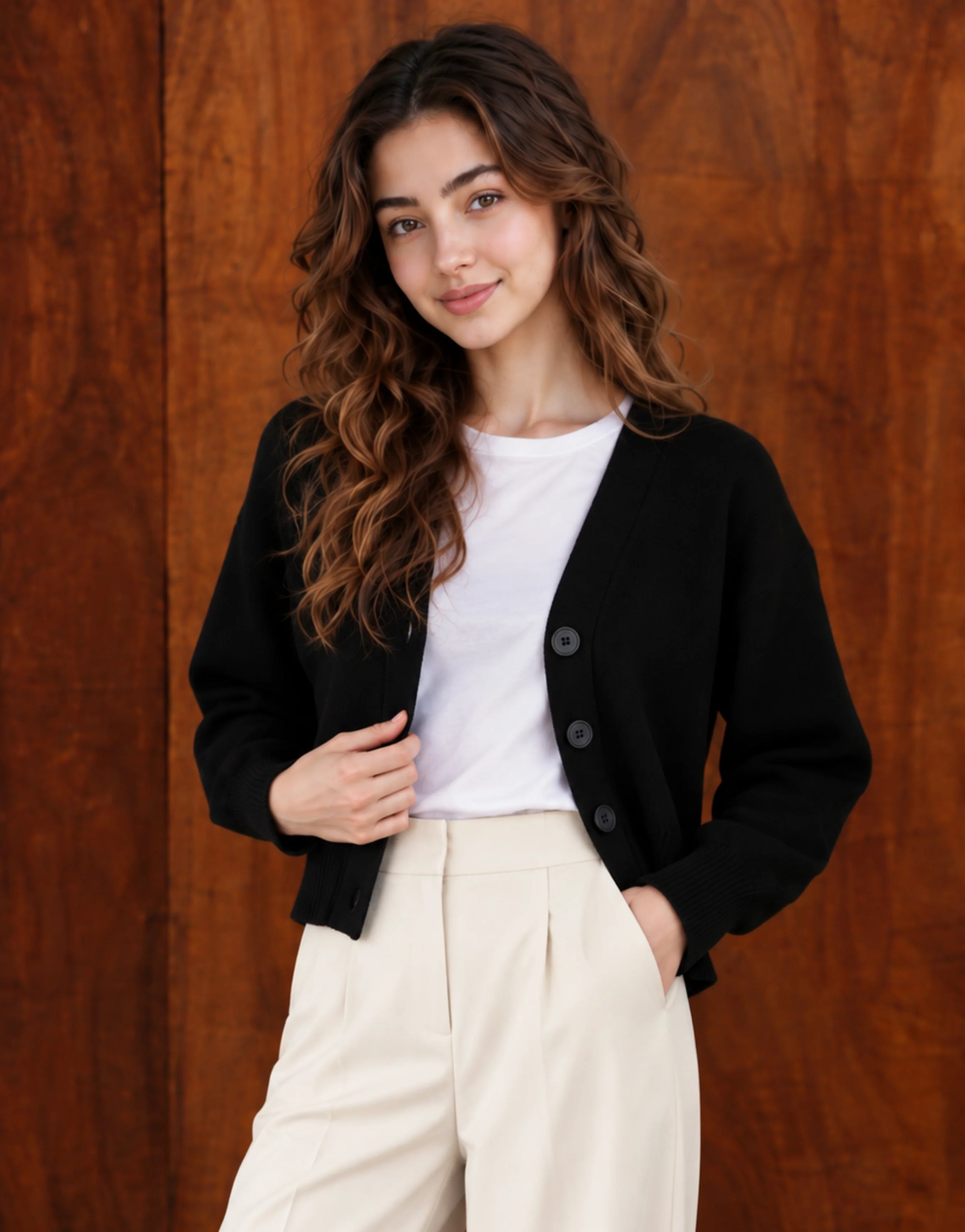 SGW Black Women’s Cropped V-Neck Cardigan with Complimentary White Tee