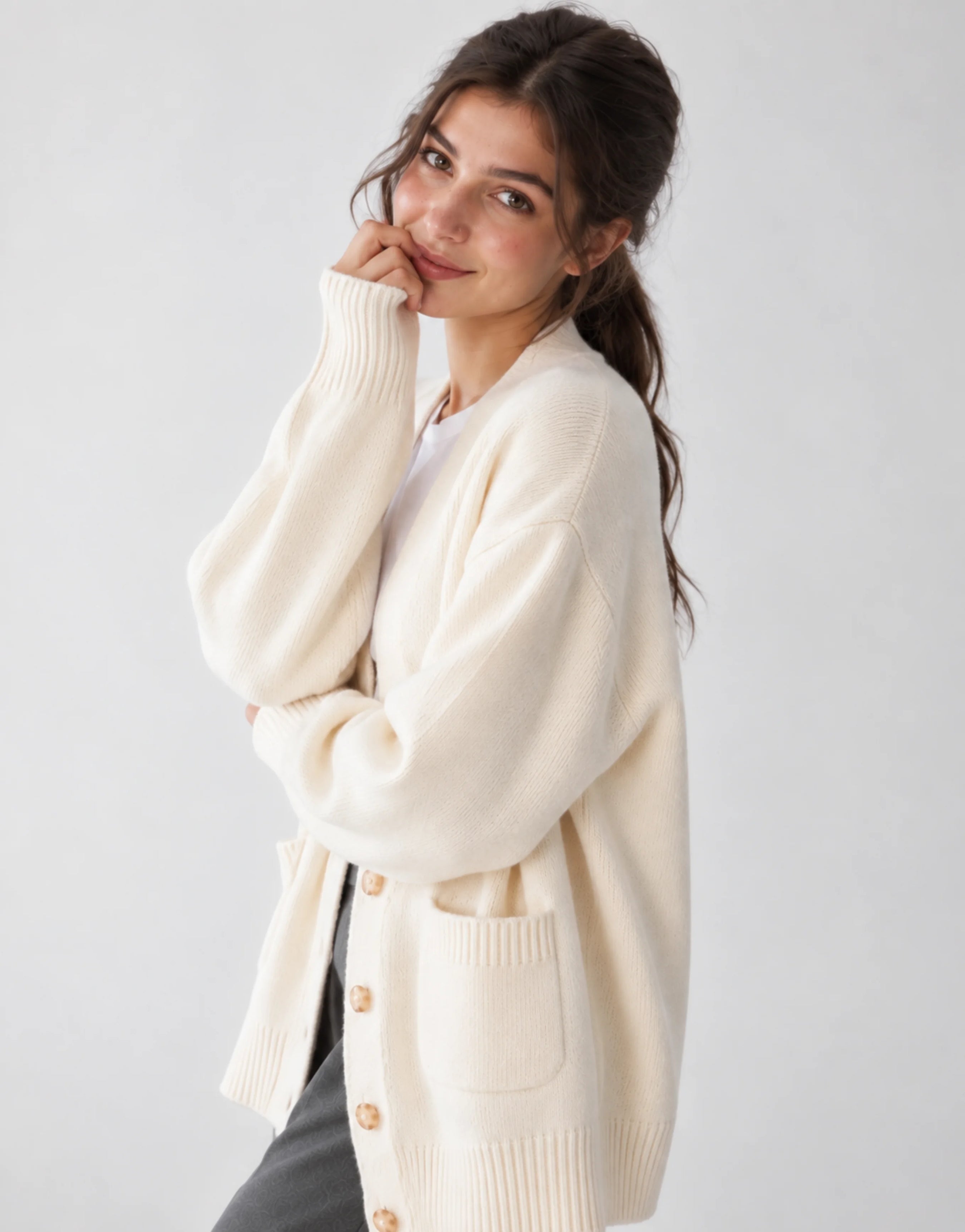 SGW Ivory Women’s Long V-Neck Cardigan with Complimentary White Tee