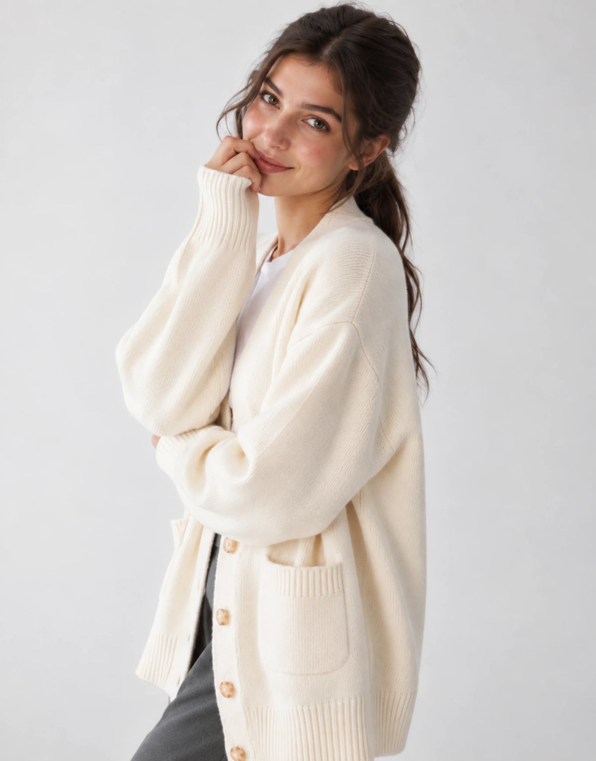 SGW Ivory Women’s Long V-Neck Cardigan with Complimentary White Tee