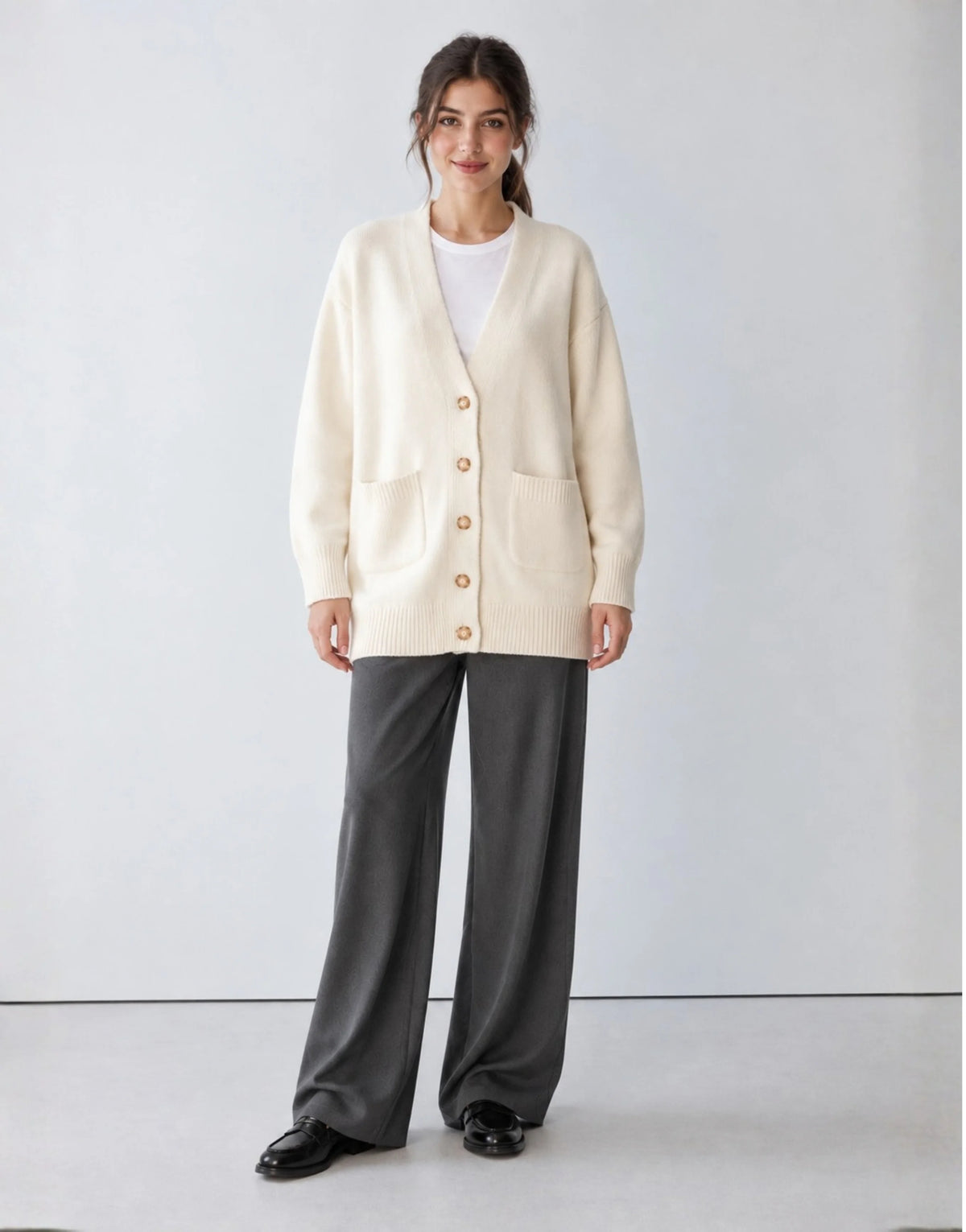 SGW Ivory Women’s Long V-Neck Cardigan with Complimentary White Tee