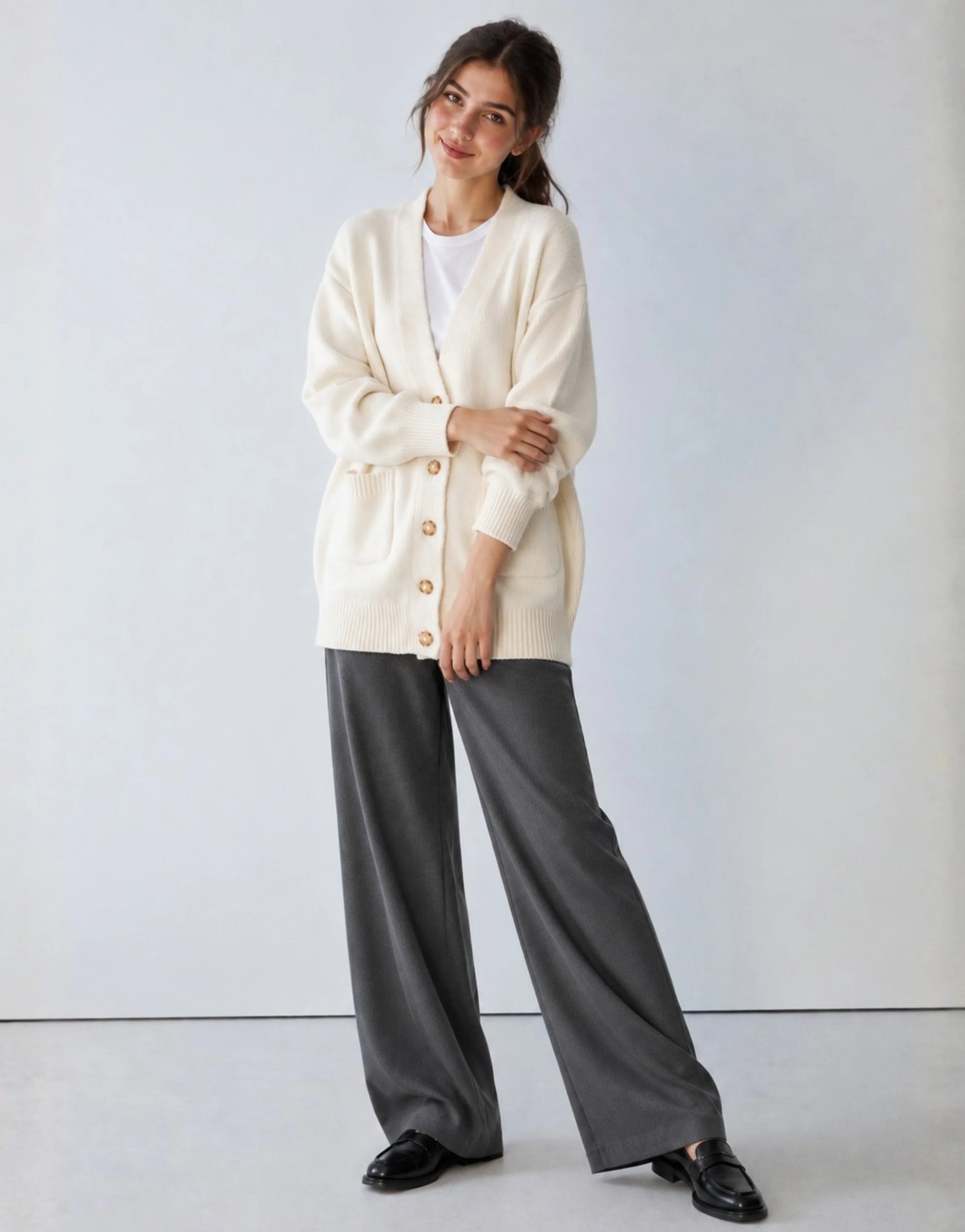 SGW Ivory Women’s Long V-Neck Cardigan with Complimentary White Tee