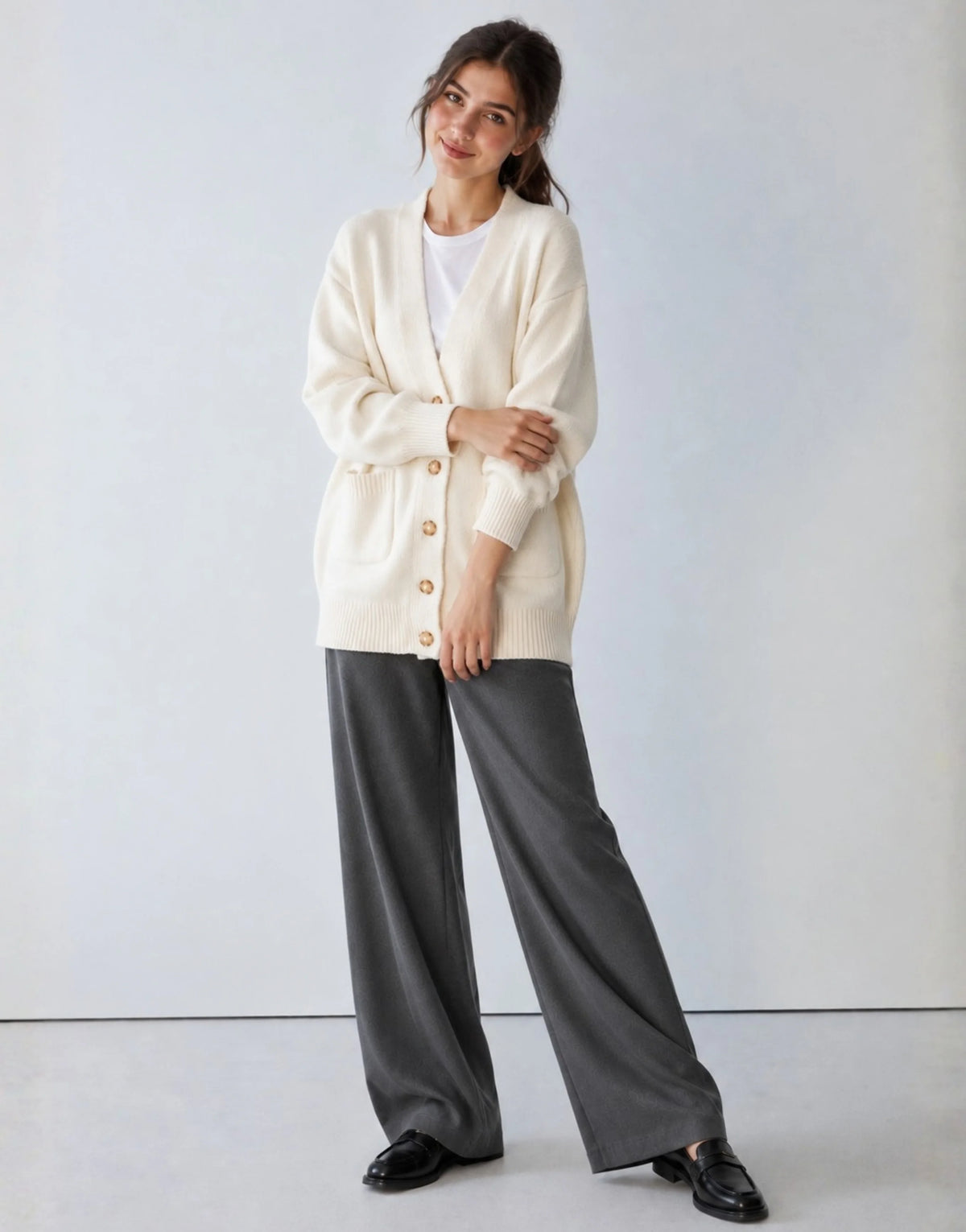 SGW Ivory Women’s Long V-Neck Cardigan with Complimentary White Tee