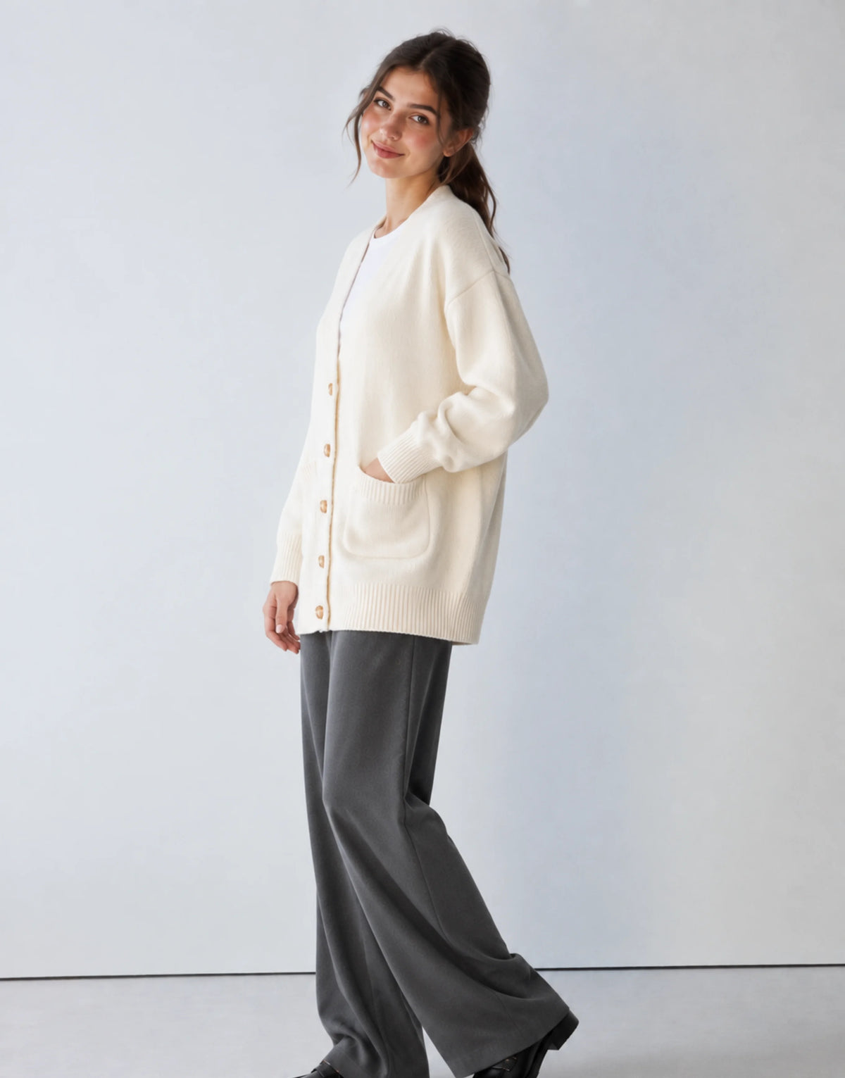 SGW Ivory Women’s Long V-Neck Cardigan with Complimentary White Tee