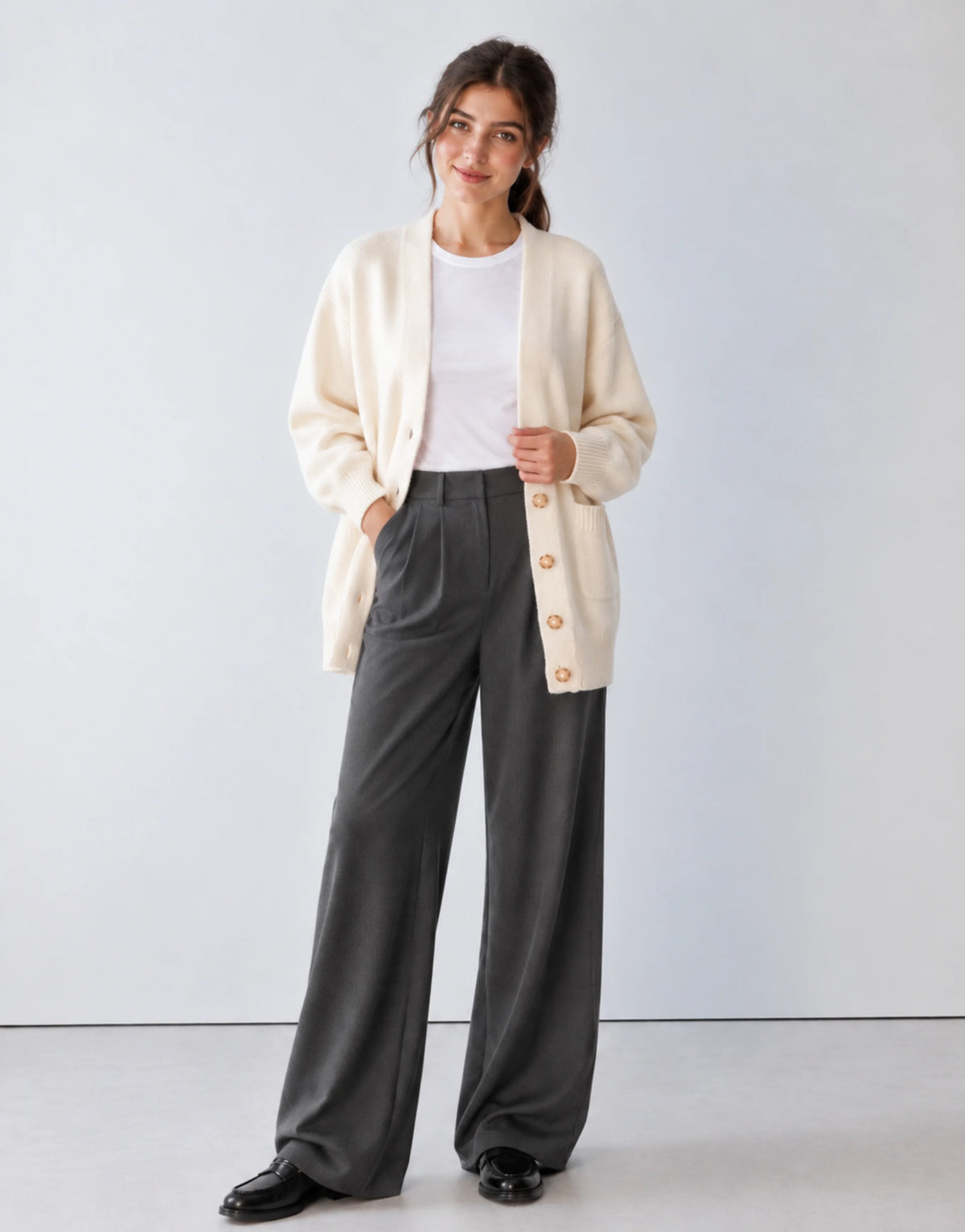 SGW Ivory Women’s Long V-Neck Cardigan with Complimentary White Tee