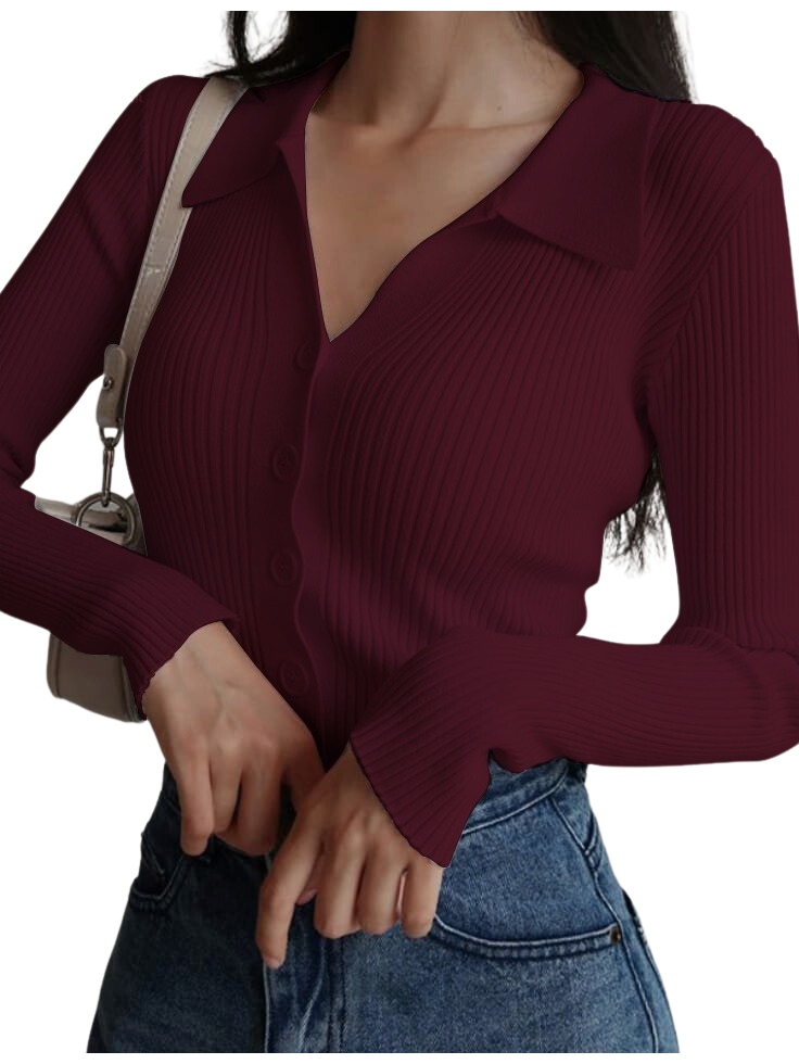 SGW Maroon Knit Button-Down Shirt – Full Sleeves