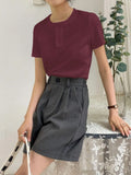 SGW Maroon Front Button Rib Knit Tee - Half Sleeves