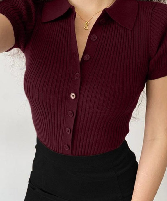 SGW Maroon Front Full Button Rib Knit Tee - Half Sleeves - SelectGraceWear