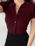 SGW Maroon Front Full Button Rib Knit Tee - Half Sleeves