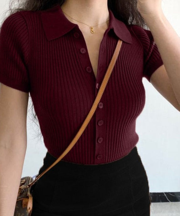 SGW Maroon Front Full Button Rib Knit Tee - Half Sleeves - SelectGraceWear