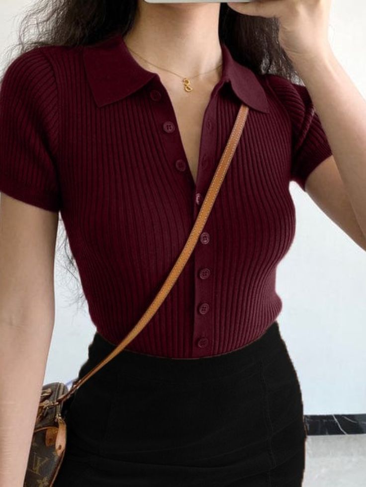 SGW Maroon Front Full Button Rib Knit Tee - Half Sleeves - SelectGraceWear