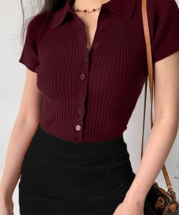 SGW Maroon Front Full Button Rib Knit Tee - Half Sleeves - SelectGraceWear